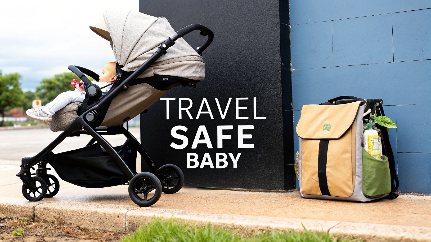 A baby in a beige stroller next to a black wall with 'TRAVEL SAFE BABY' text and a backpack.