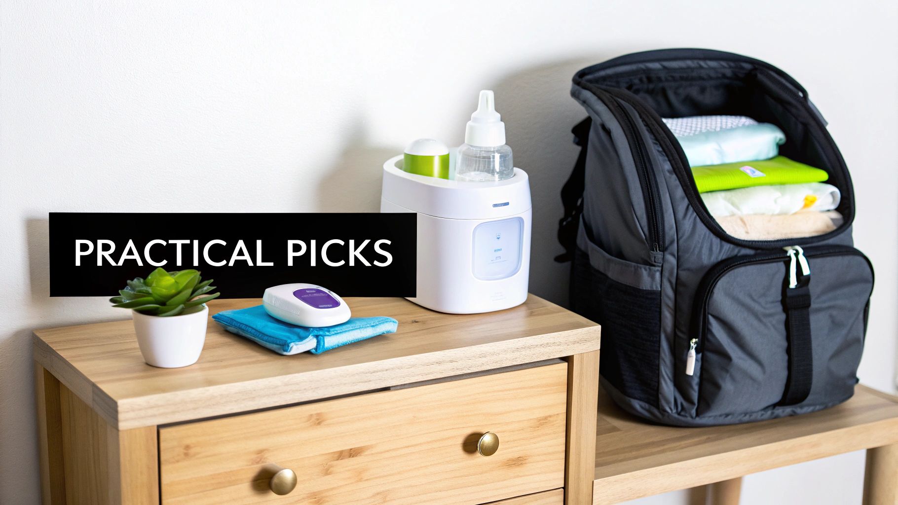 Practical baby essentials: a bottle warmer, baby wipes, and a backpack filled with folded clothes.