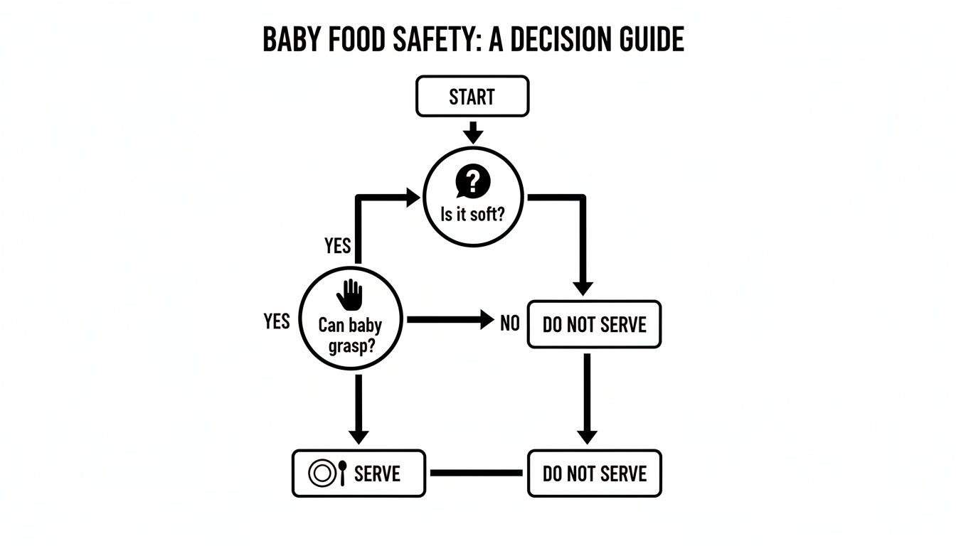 A flowchart guiding baby food safety decisions based on food softness and a baby's ability to grasp.