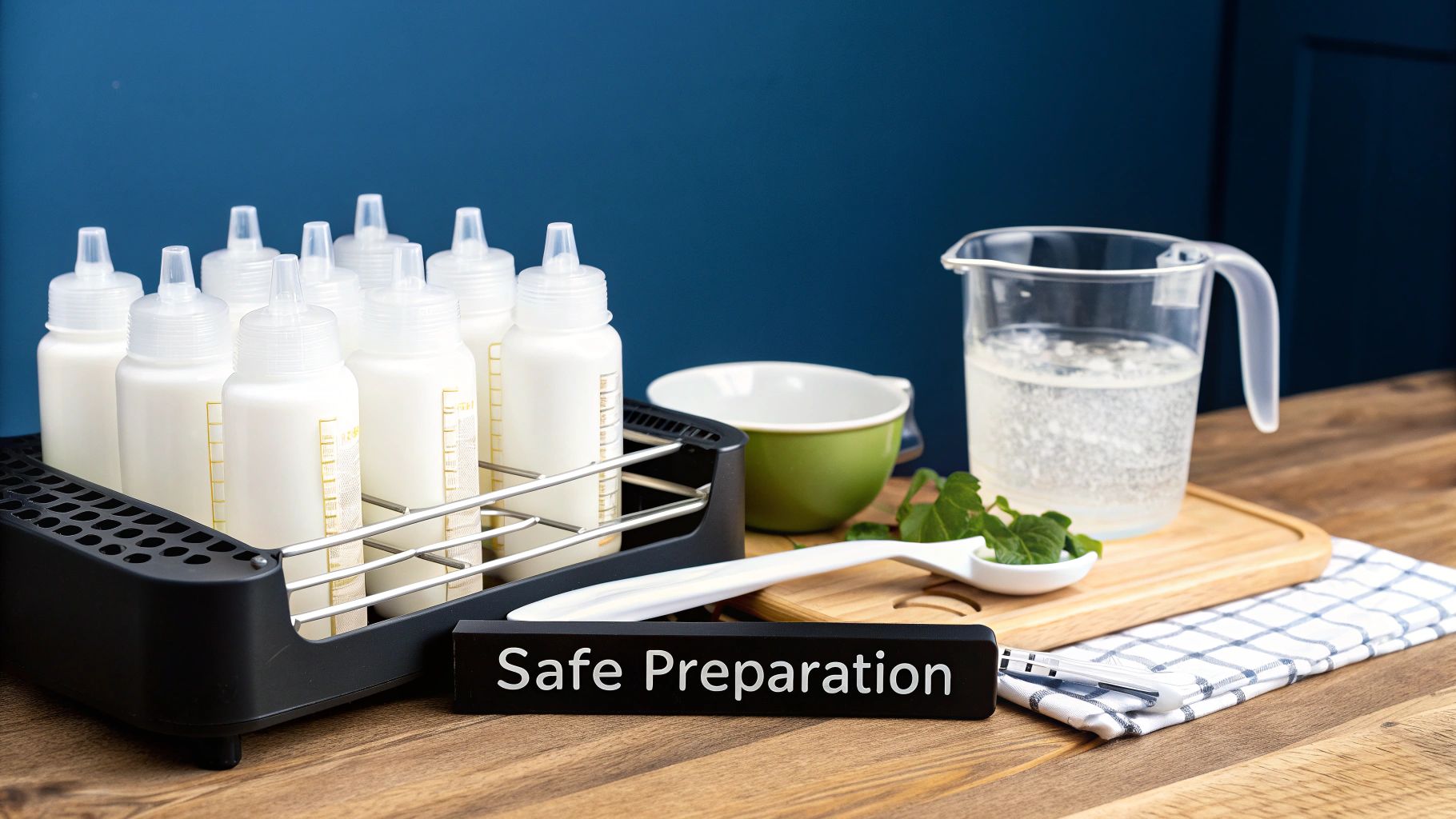 Bottles of baby formula in a drying rack, measuring jug with water, and 'Safe Preparation' sign on a wooden table, emphasizing hygiene.