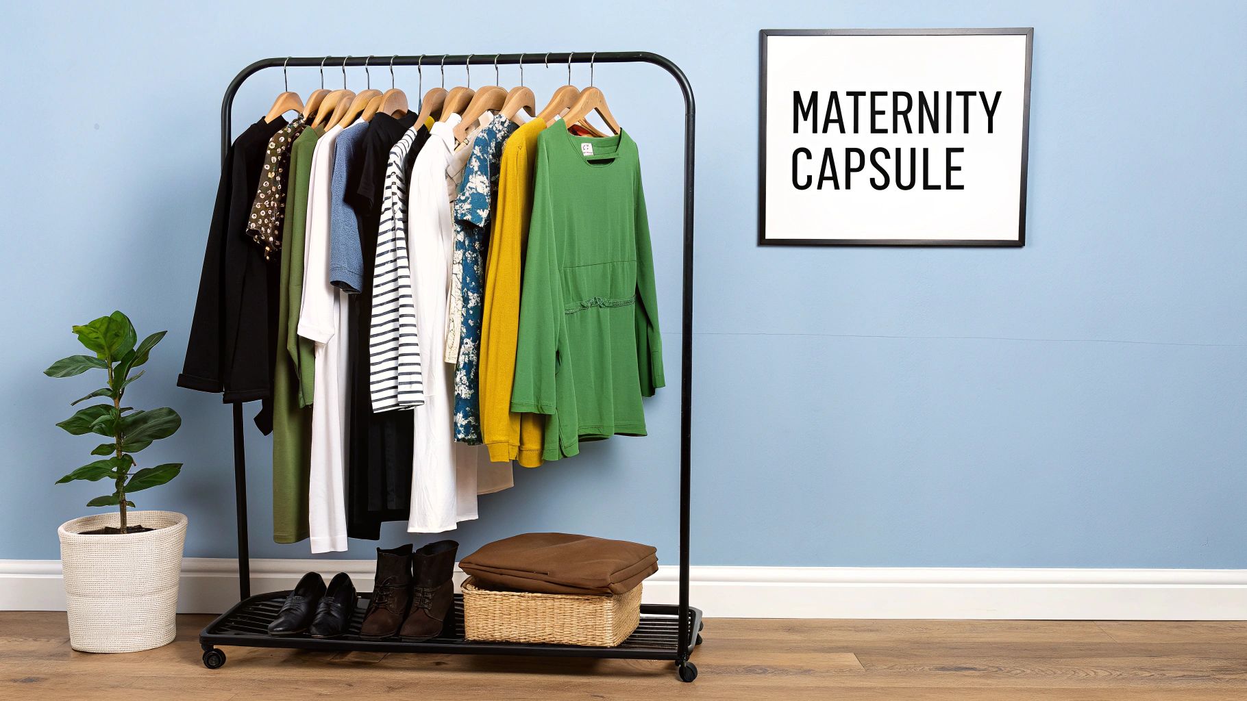 A stylish maternity capsule wardrobe featuring various clothes, shoes, and a plant on a black clothing rack.
