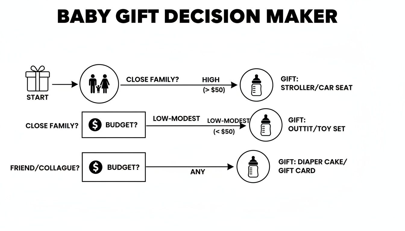 A flowchart titled 'Baby Gift Decision Maker' guiding users on gift choices based on relationship and budget.