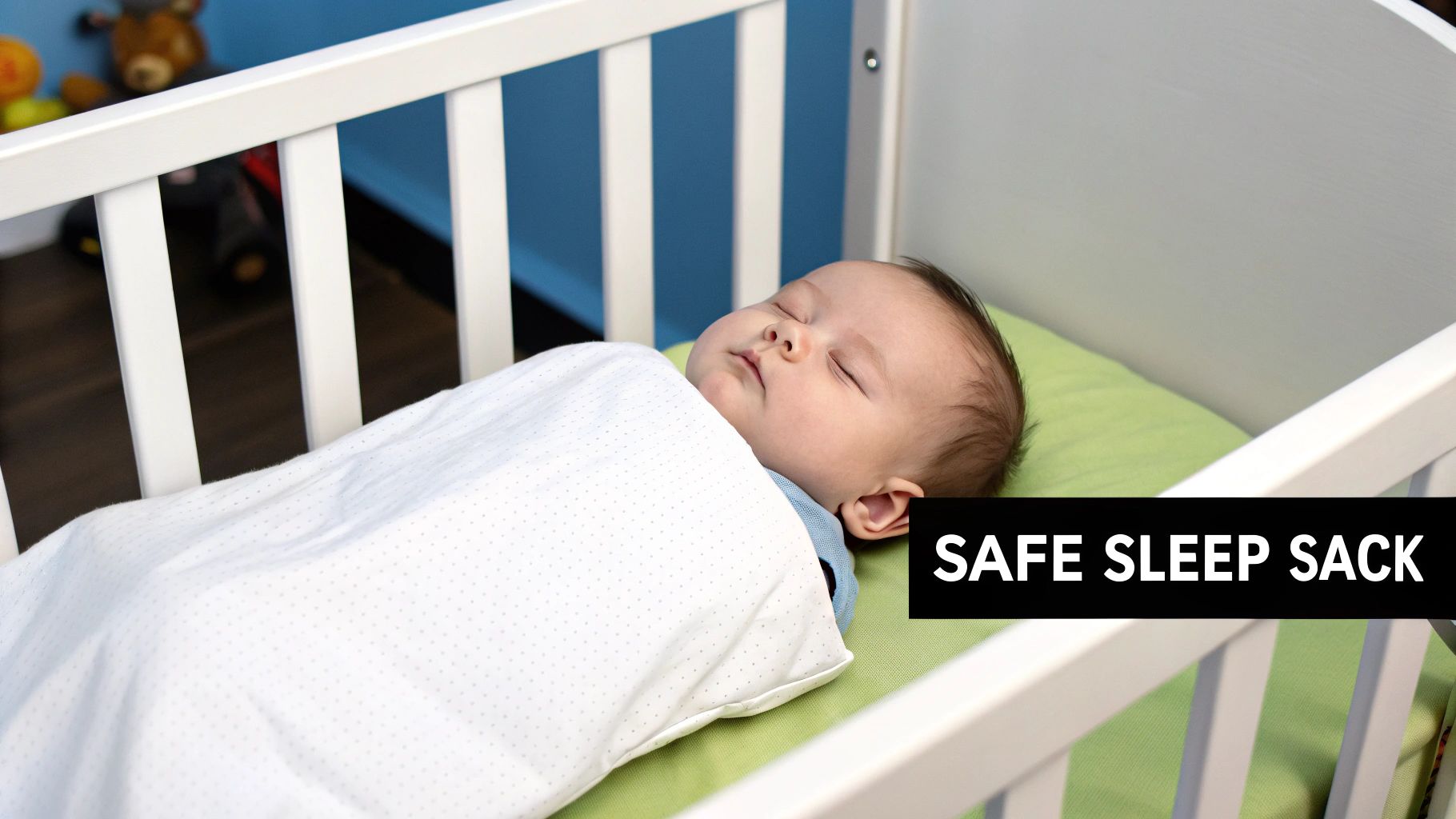 A peacefully sleeping baby lies in a white crib, safely wrapped in a white sleep sack on a green mattress.