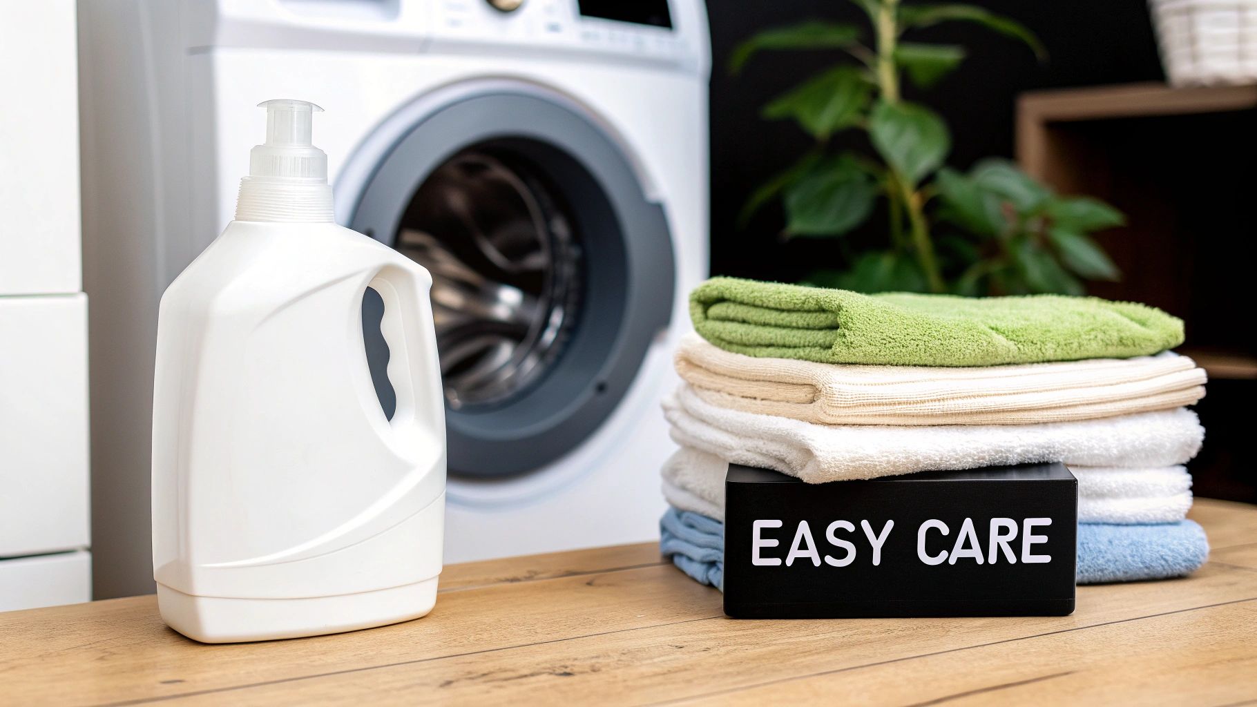 A white laundry detergent bottle next to a stack of clean, folded towels with an 'EASY CARE' sign in a laundry room.