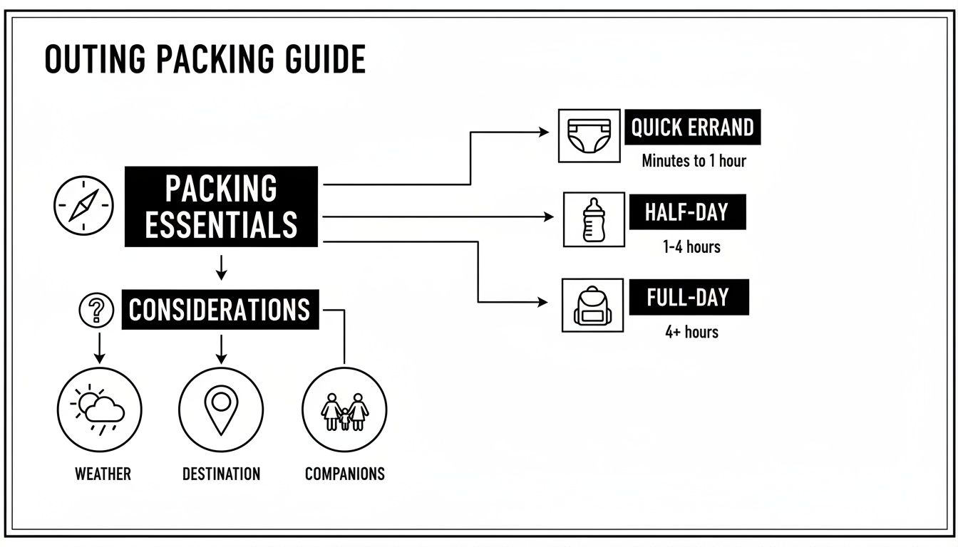 A flowchart packing guide outlines essentials based on outing duration, weather, destination, and companions.