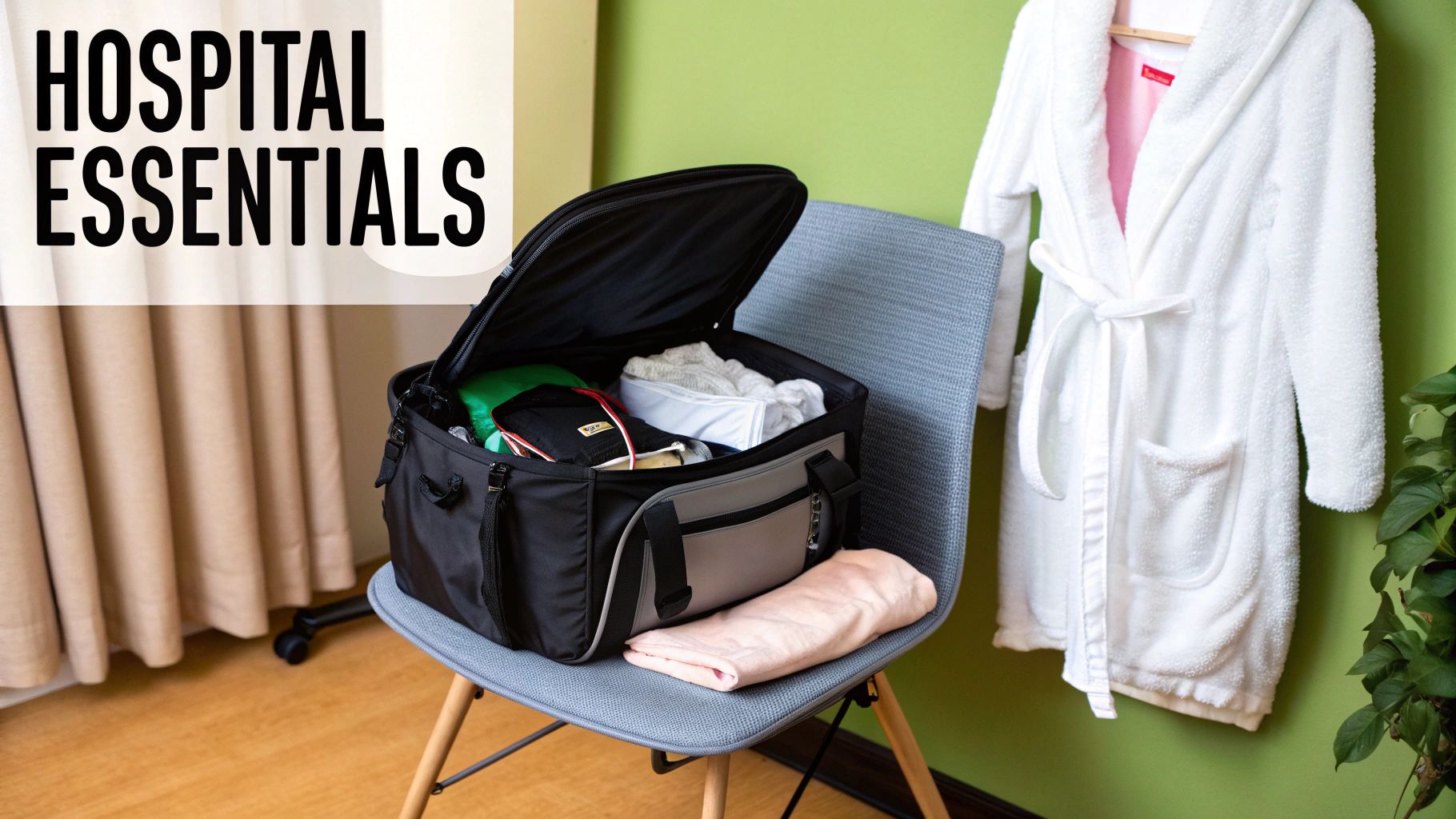 A packed bag and a white bathrobe, showing hospital essentials for a comfortable stay.