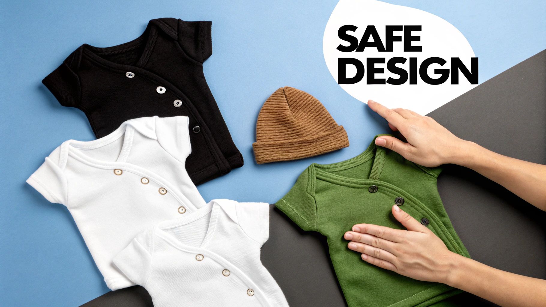 Hands with baby bodysuits in black, white, and green, plus a hat, promoting 'SAFE DESIGN'.