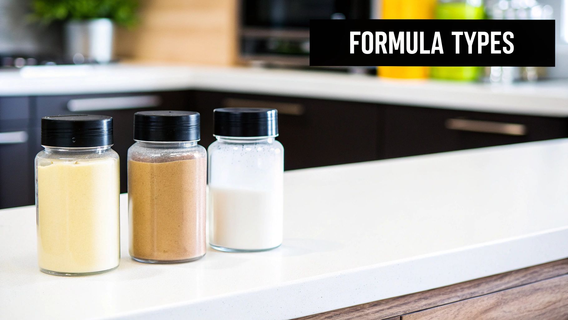 Three jars showcasing different formula types (powder and liquid) on a modern kitchen counter.