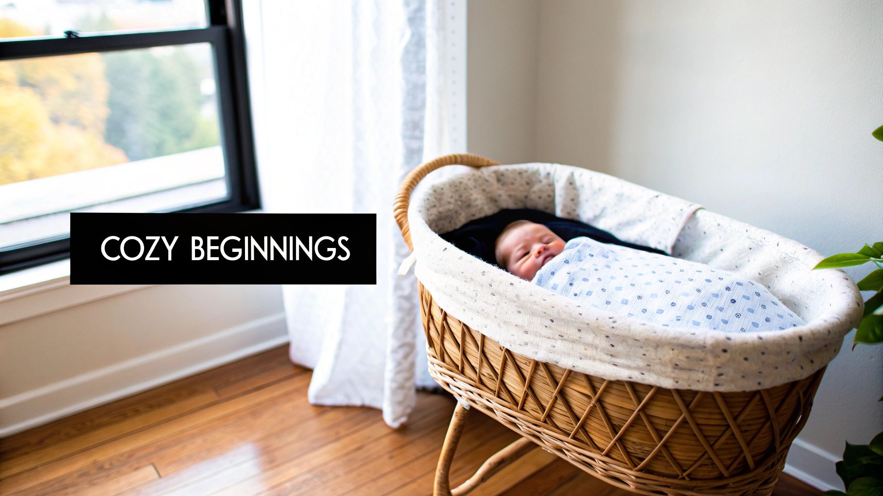 A newborn baby sleeps peacefully in a cozy wicker bassinet near a window with autumn leaves outside.