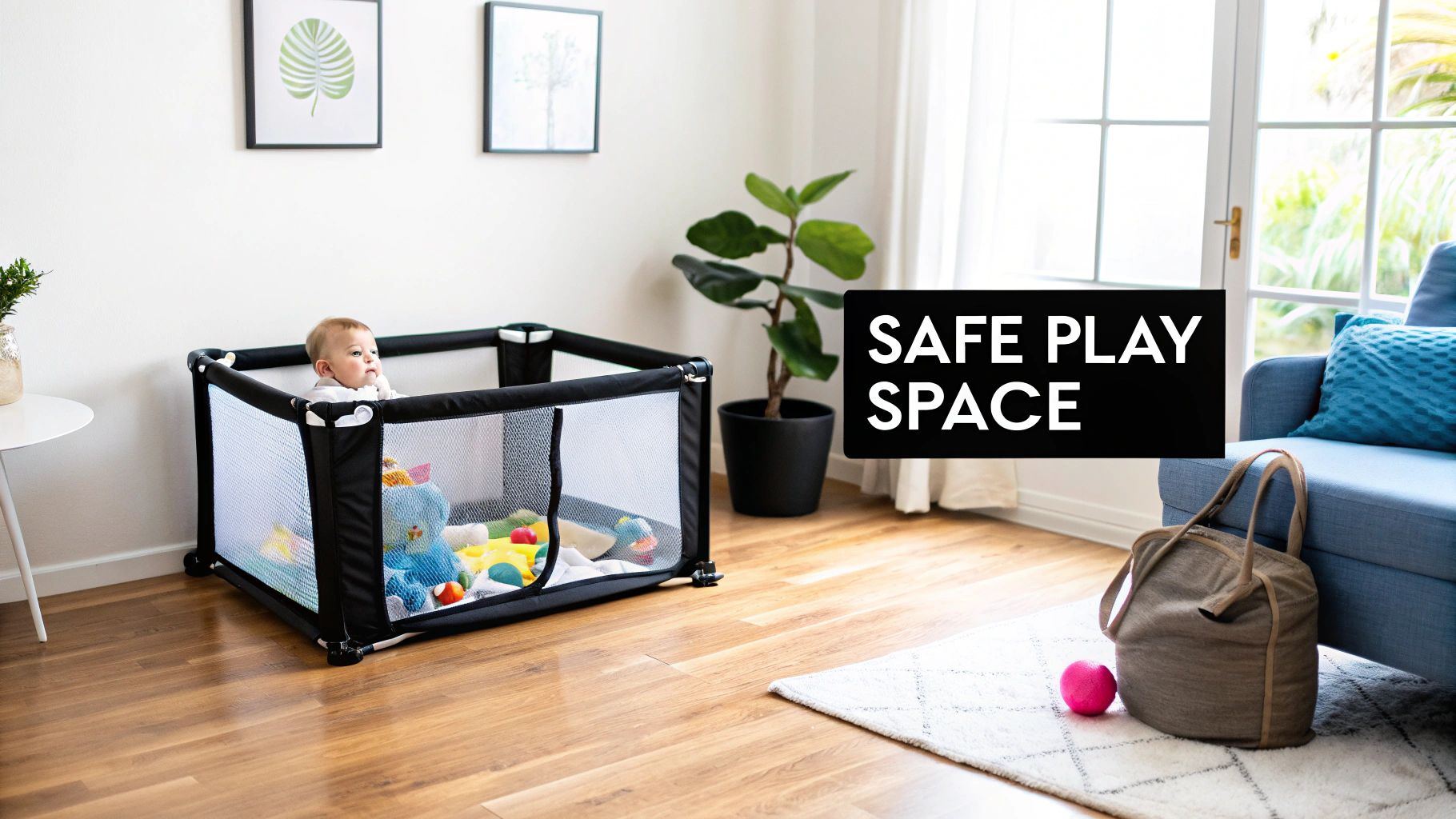 A baby sits happily inside a black mesh playpen with colorful toys in a bright living room.