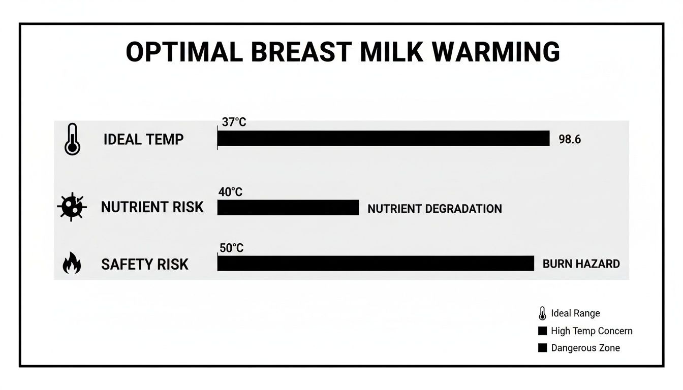 A guide to optimal breast milk warming temperatures, highlighting ideal, nutrient degradation, and burn hazard levels.