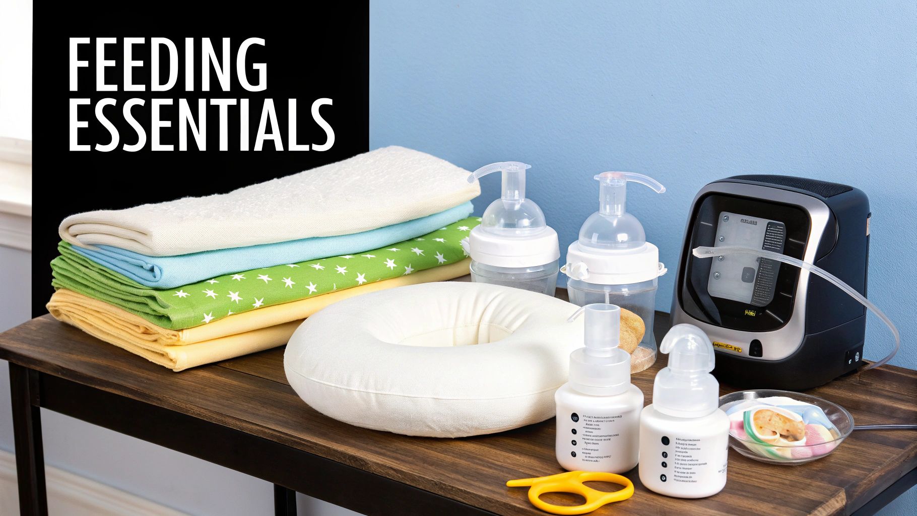 Feeding essentials for newborns laid out on a wooden table, featuring blankets, bottles, and a breast pump.