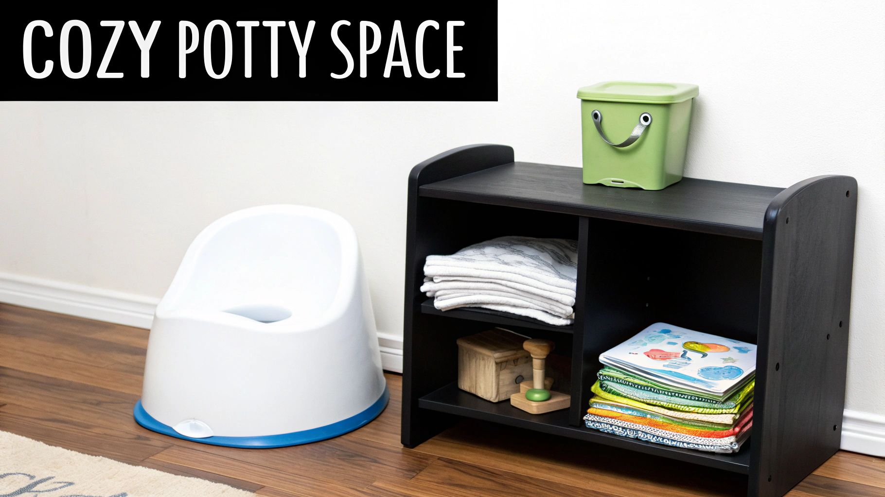 A cozy toddler potty training space with a white potty, a black shelf with towels, books, and toys.