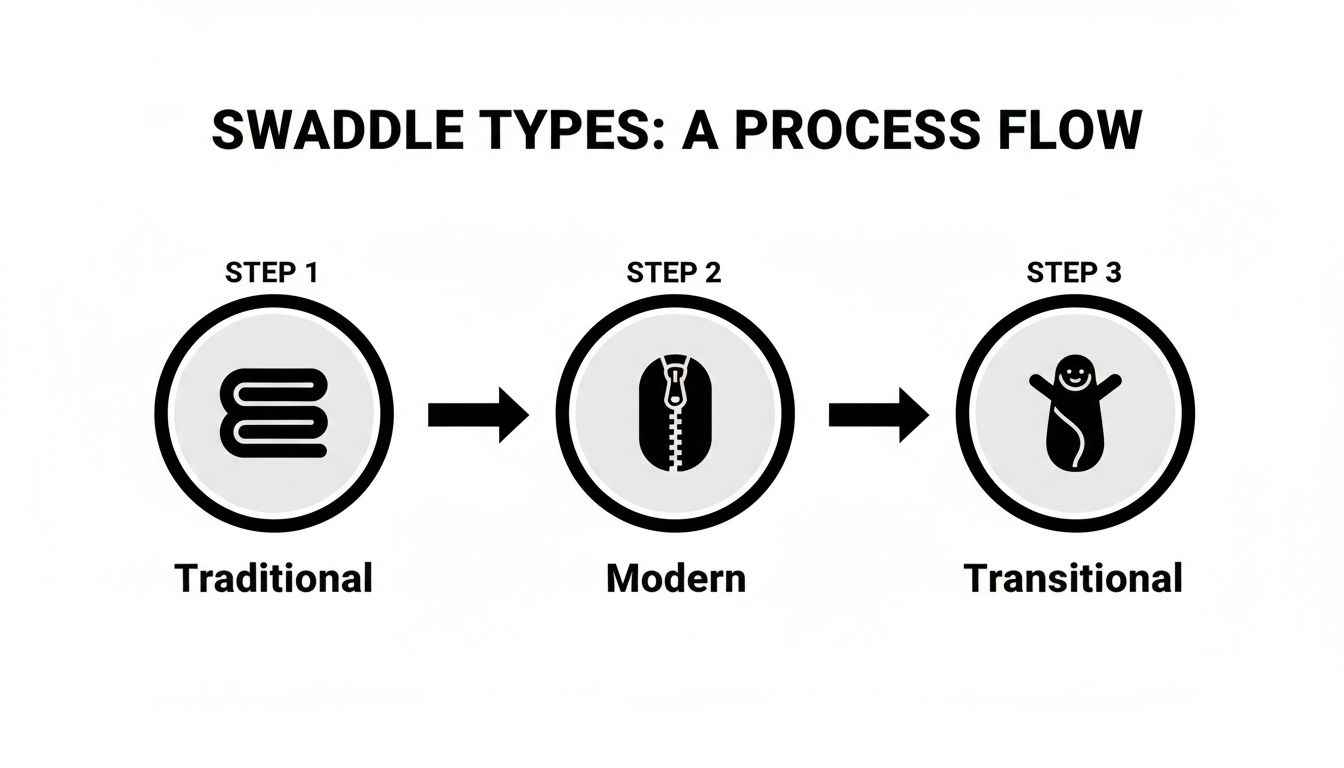A process flow diagram illustrates three types of swaddles: Traditional, Modern, and Transitional.