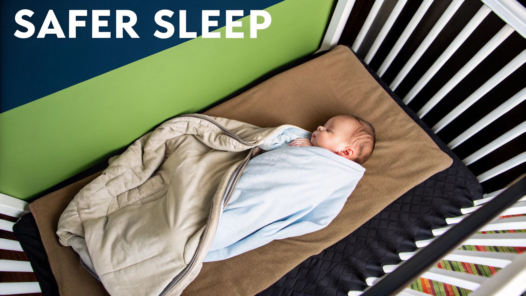 A baby sleeps soundly in a crib, safely nestled in a light blue swaddle and beige sleep sack.