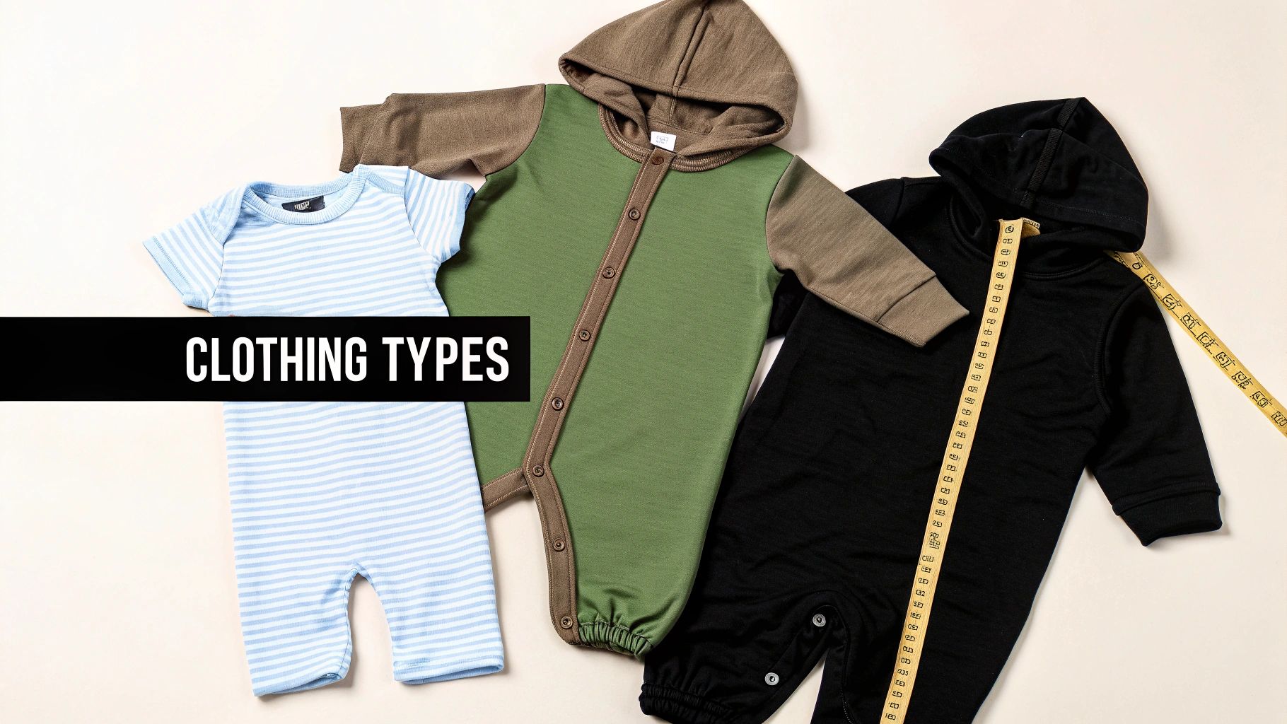 Three different baby rompers in blue, green, and black, with a measuring tape, highlighting clothing types and sizing.