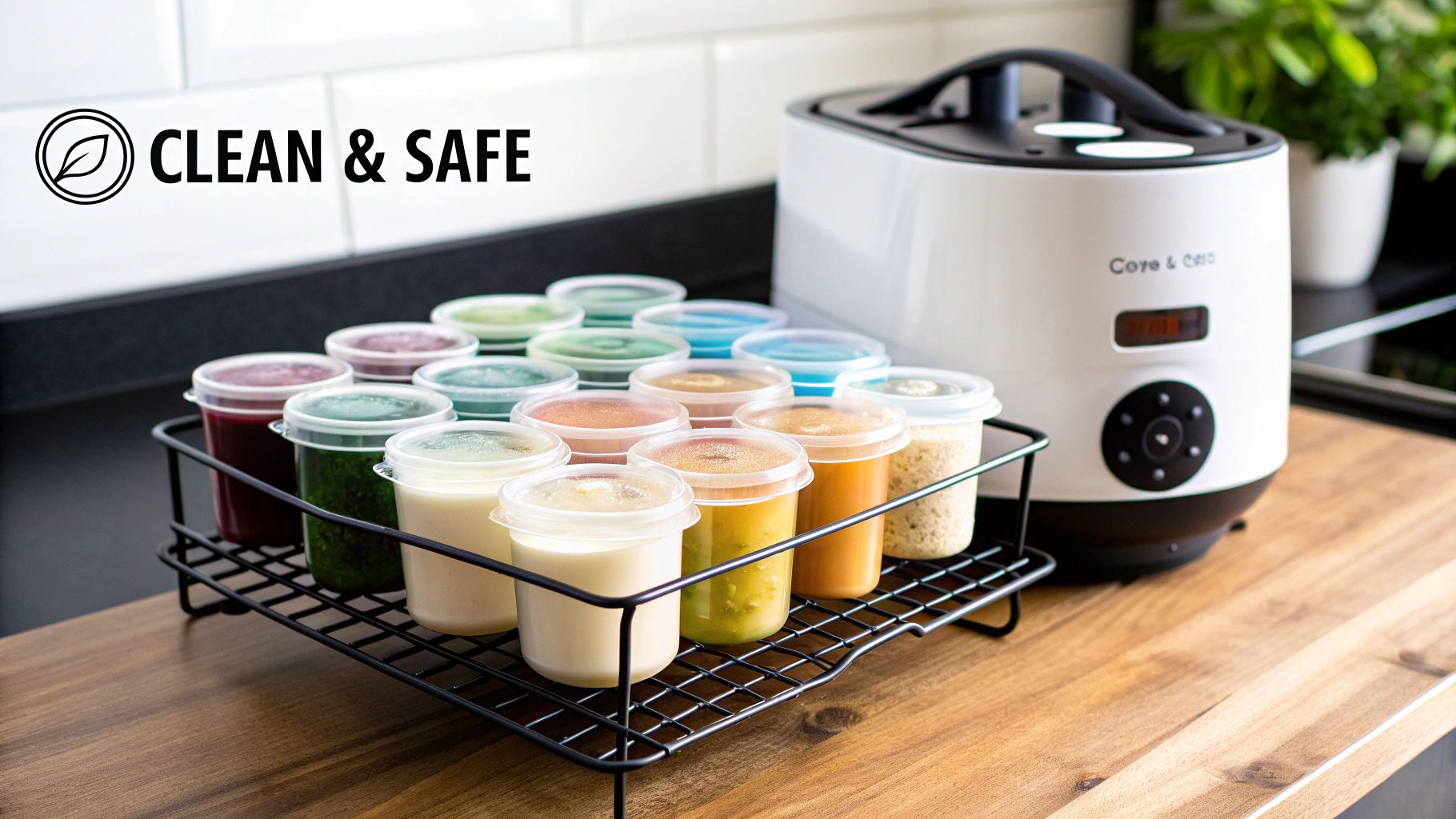 A variety of colorful, freshly made baby food purees stored in clean containers, beside a food maker.