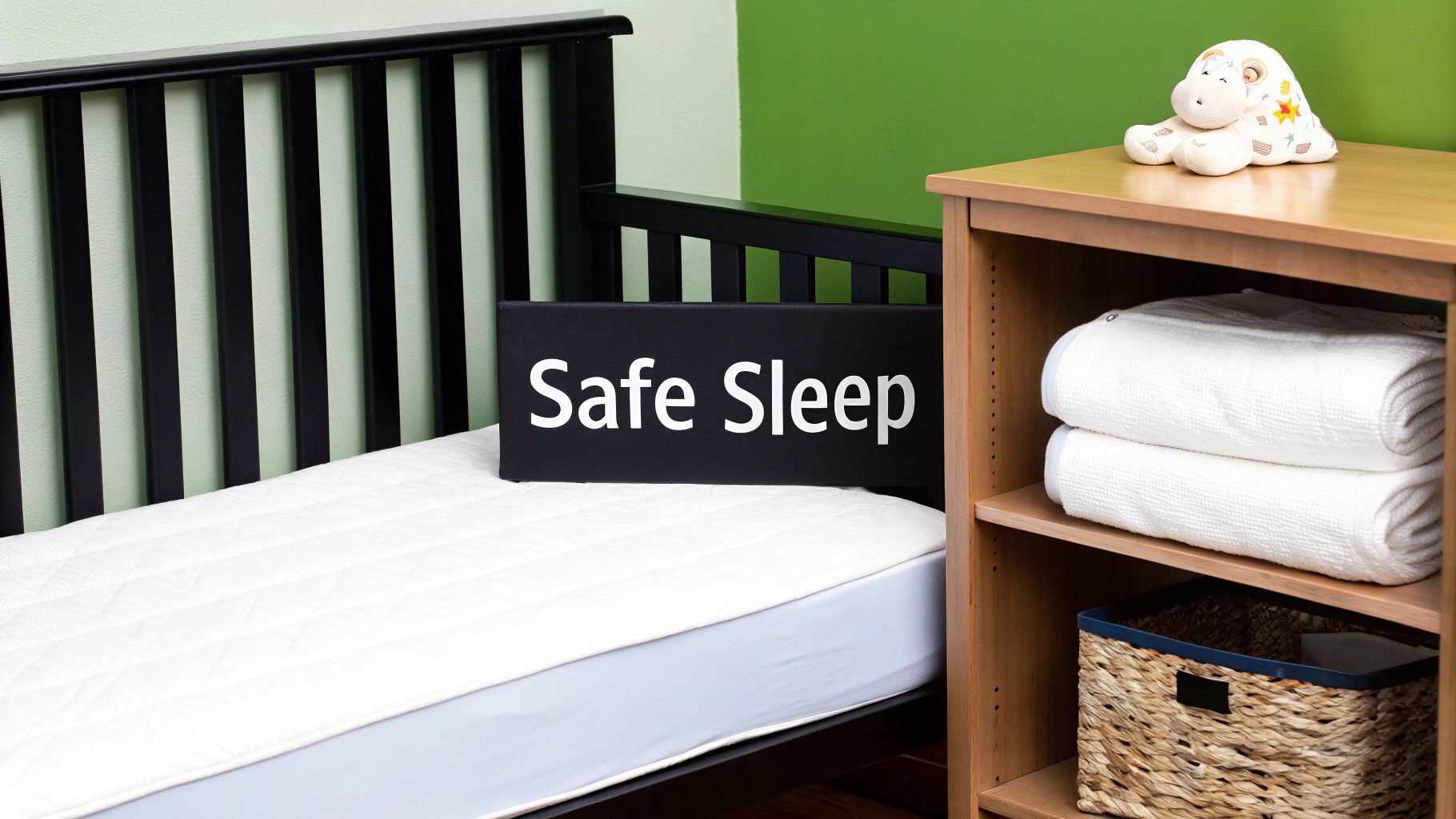 A nursery room setup with a crib, mattress with a 'Safe Sleep' sign, and shelves with baby blankets and a toy.