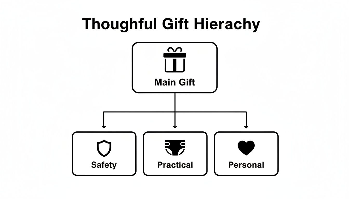 A thoughtful gift hierarchy diagram showing a main gift branching into safety, practical, and personal categories.