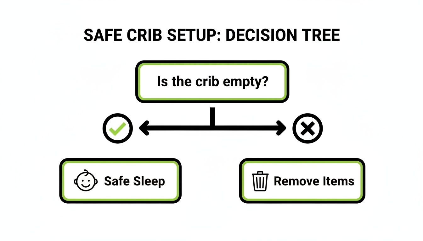 A decision tree diagram illustrating safe crib setup steps, asking 'Is the crib empty?' leading to 'Safe Sleep' or 'Remove Items'.