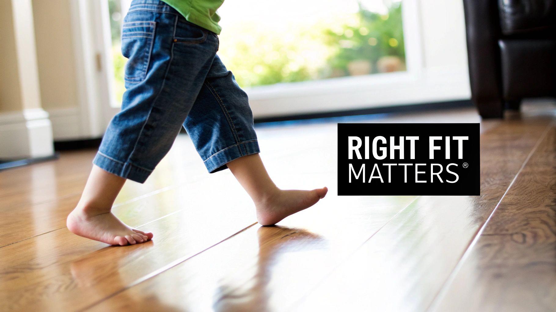 A young child's bare feet step on a shiny wooden floor, next to a 'RIGHT FIT MATTERS' logo.