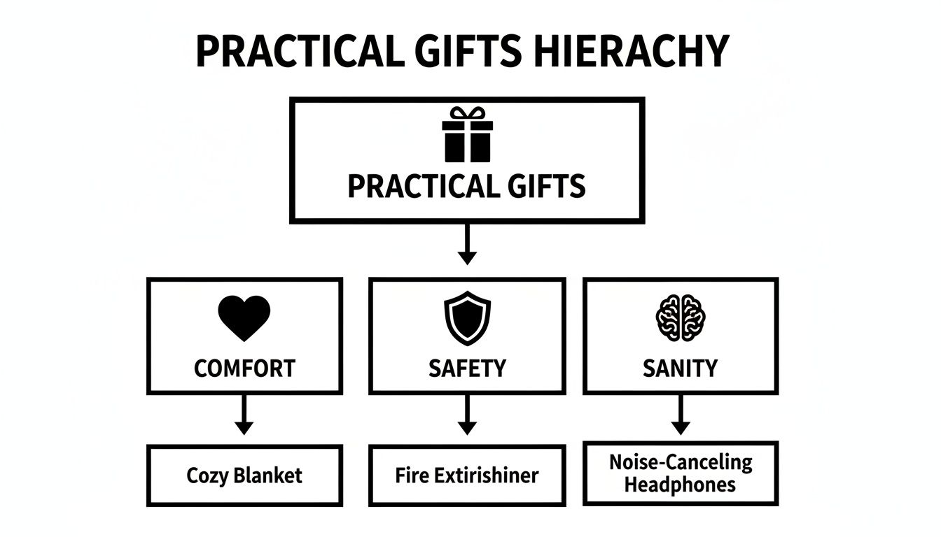 A diagram illustrating practical gifts hierarchy: comfort (cozy blanket), safety (fire extinguisher), and sanity (noise-canceling headphones).