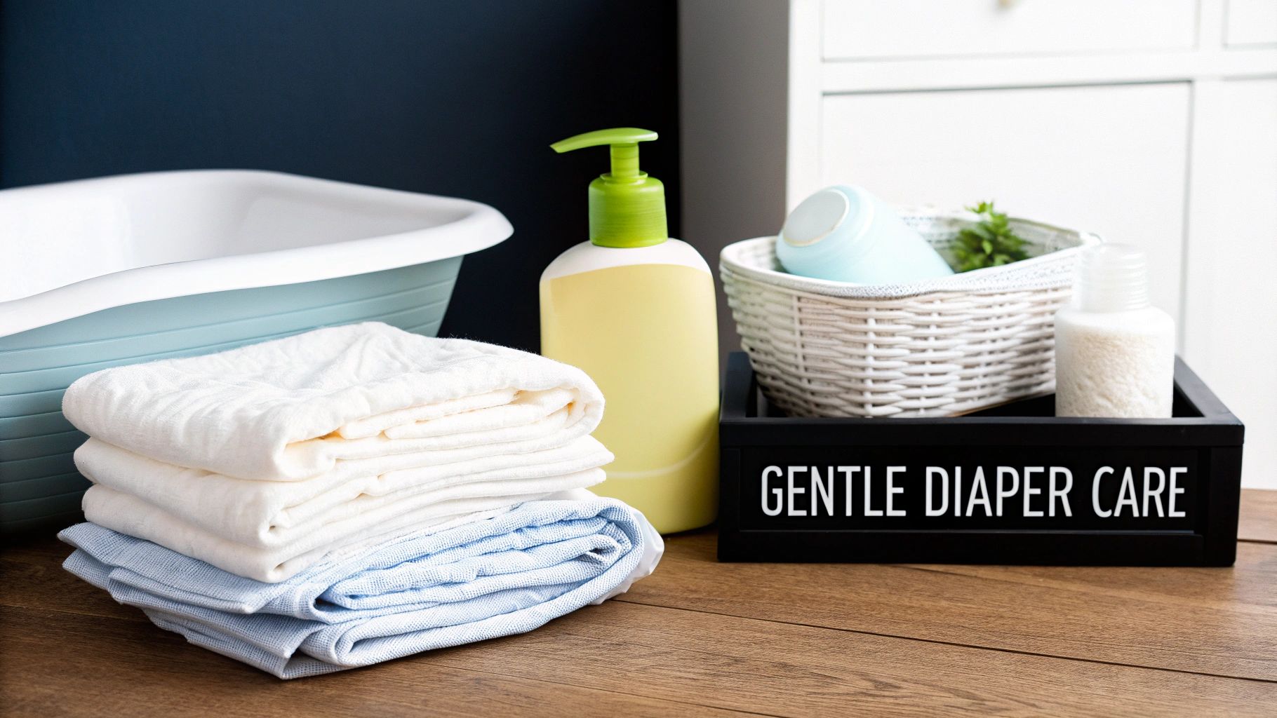 A collection of newborn baby care items, including a changing tub, soft towels, lotion, and a 'GENTLE DIAPER CARE' sign on a wooden table.