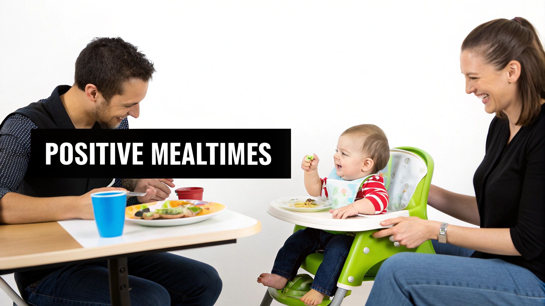 A happy family, father, mother, and baby, enjoying positive mealtime together.