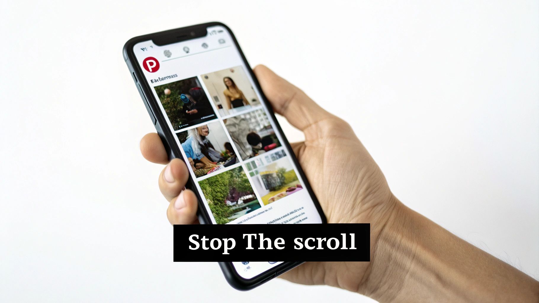 Hand holding a smartphone displaying Pinterest explore feed with visual pins.