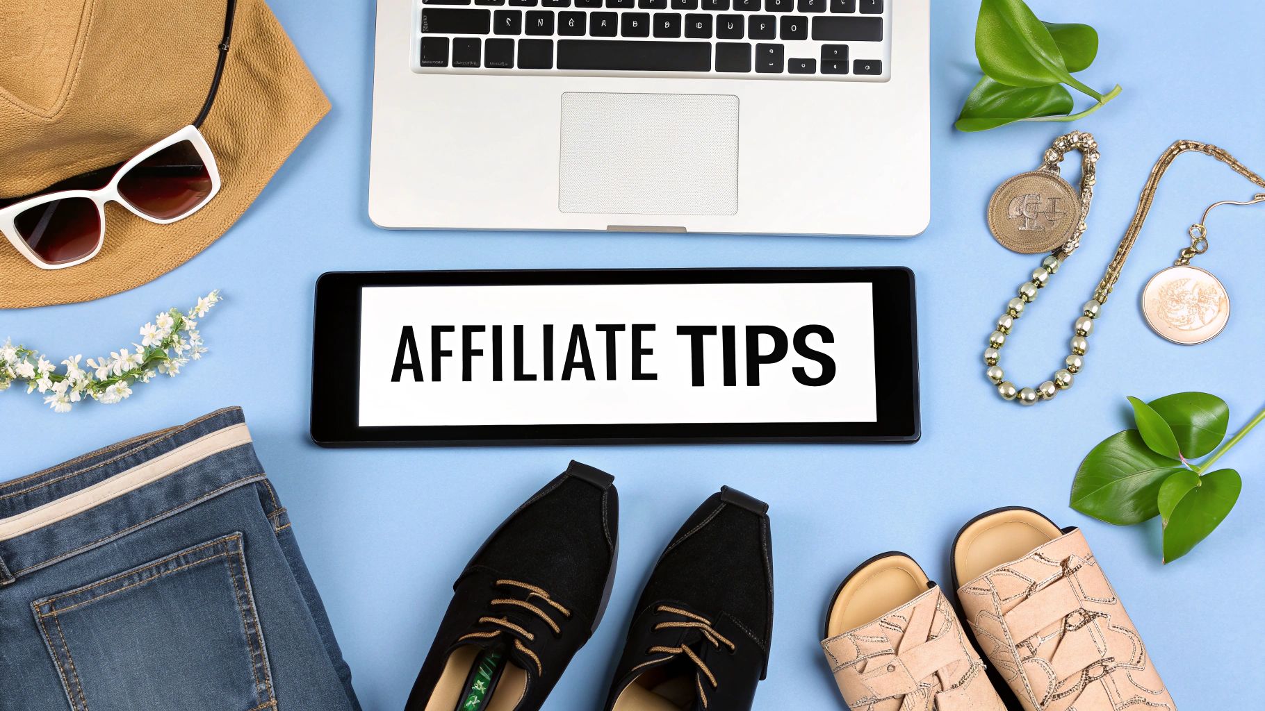 Flat lay of fashion accessories, shoes, laptop, and tablet displaying 'Affiliate Tips' for online business and influencer marketing.