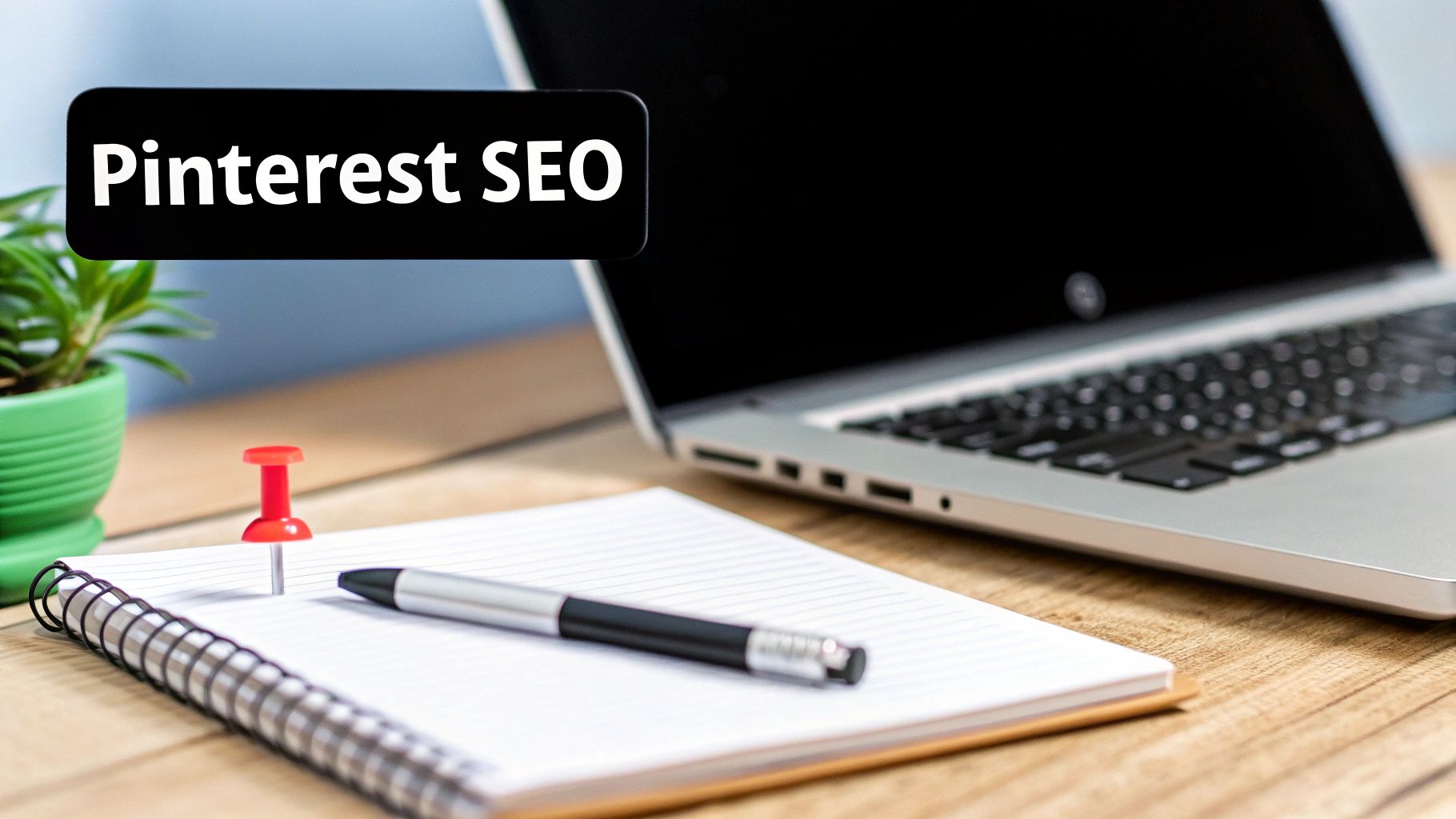 A laptop, a pen, and a notebook on top of a wooden desk