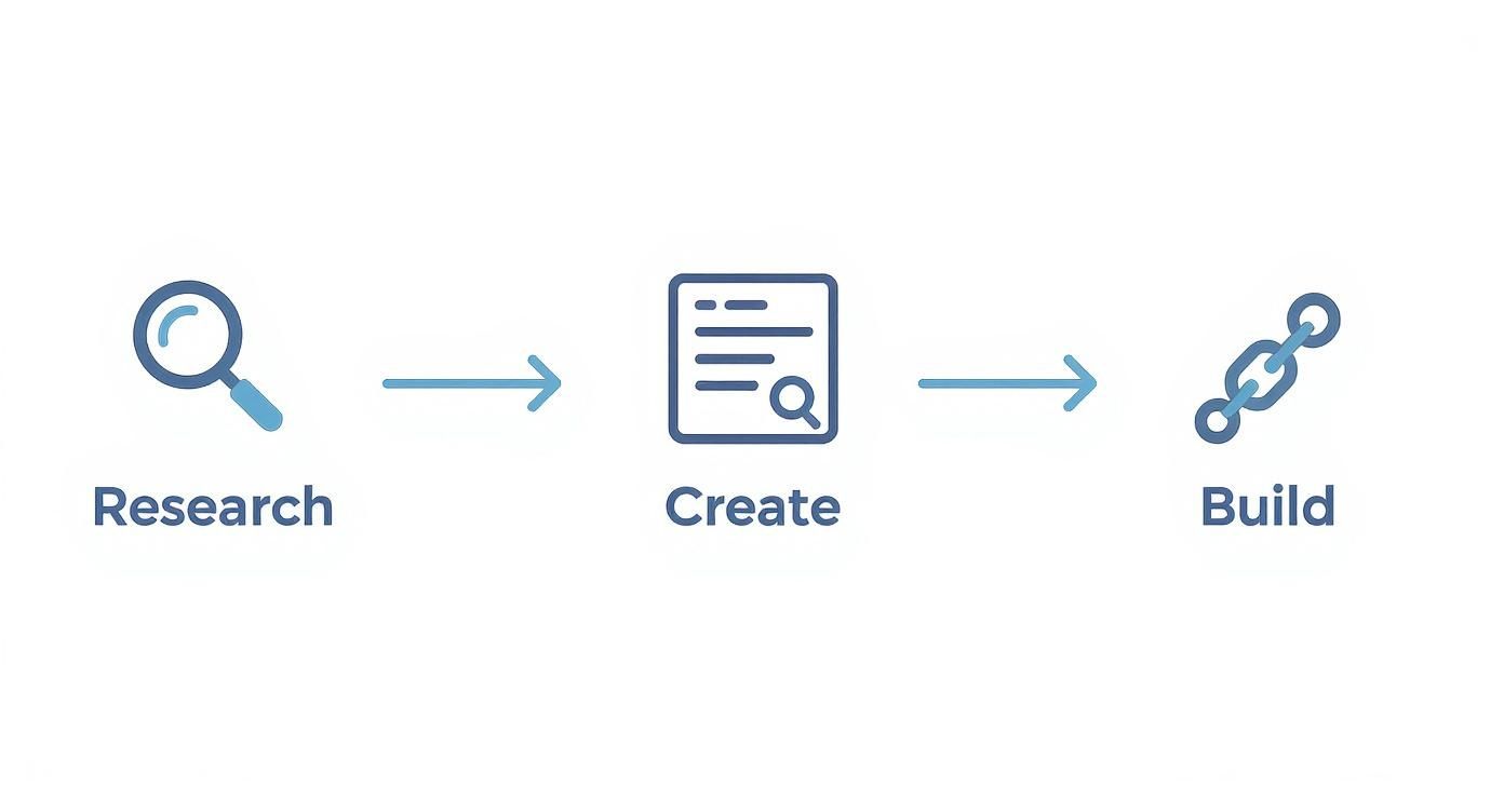 Three-step SEO content strategy: Research, Create, and Build backlinks illustrated with icons.