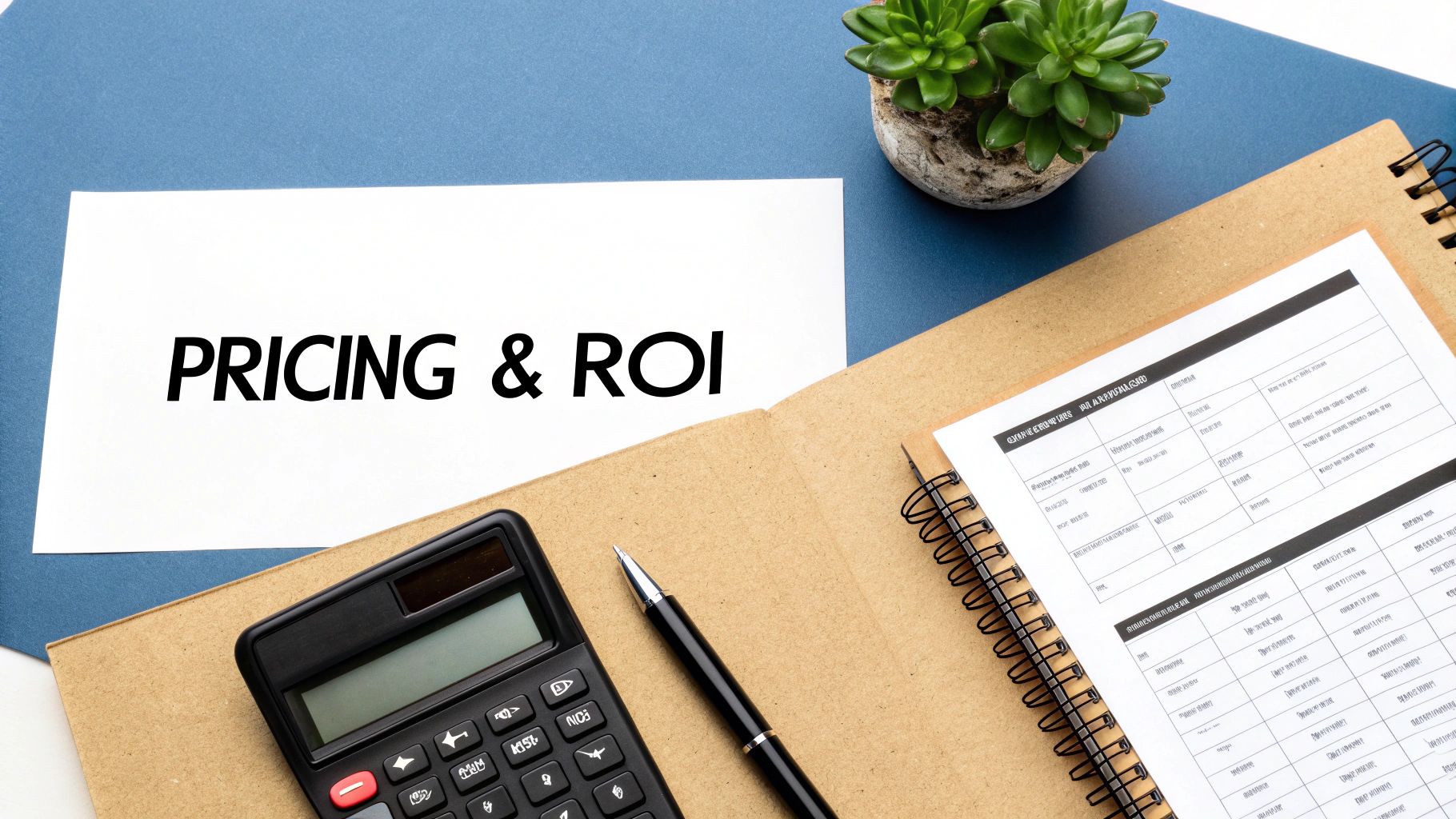 Pricing and ROI analysis with calculator and financial documents