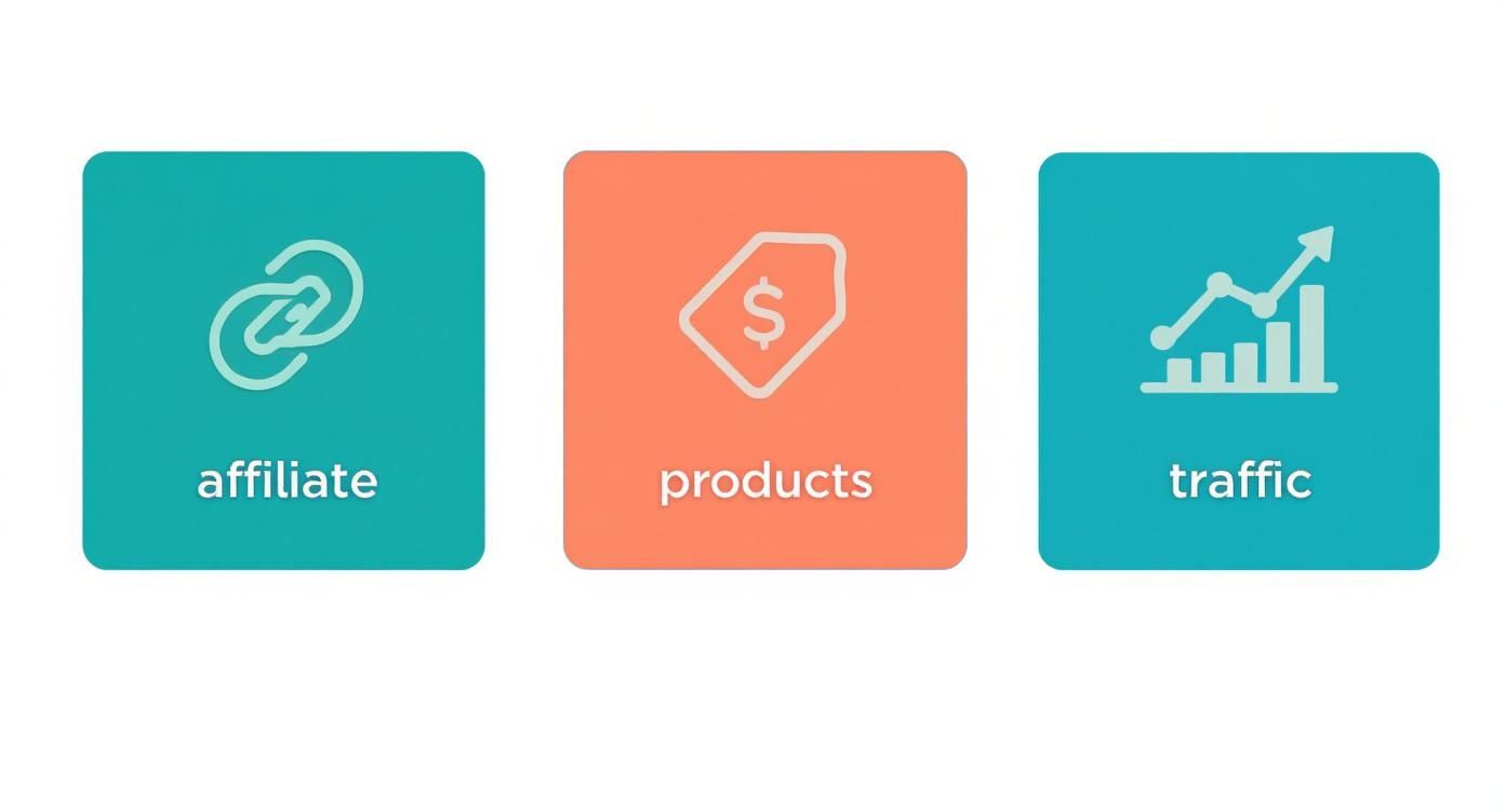 Three icons representing affiliate marketing, product sales, and website traffic: a chain link labeled 'affiliate', a price tag labeled 'products', and a growth chart labeled 'traffic'.