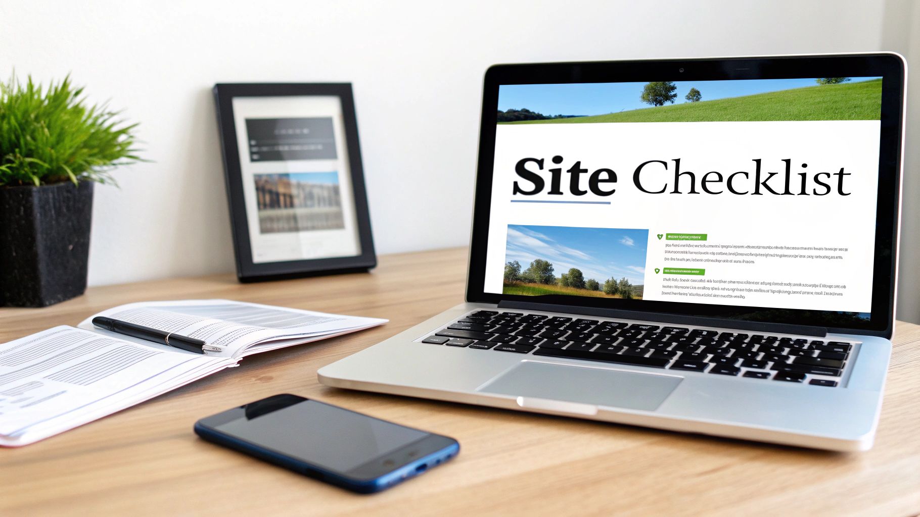 Laptop screen displaying website checklist on desk with phone, notebook, and plant in a workspace setup.