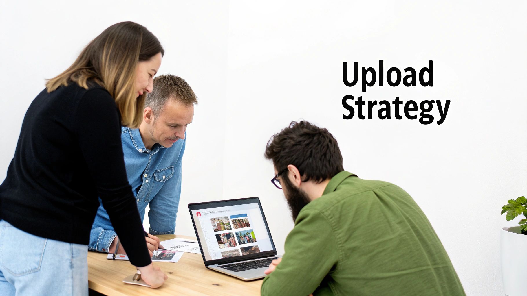 Three colleagues collaborating around a laptop screen displaying a Pinterest upload interface.