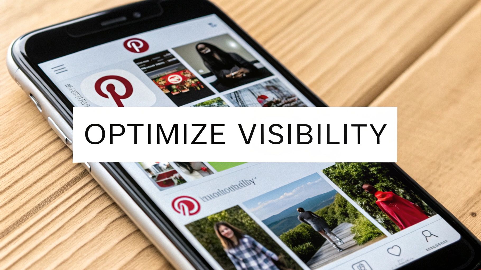Smartphone screen displaying Pinterest profile grid with the overlay text "Optimize Visibility."