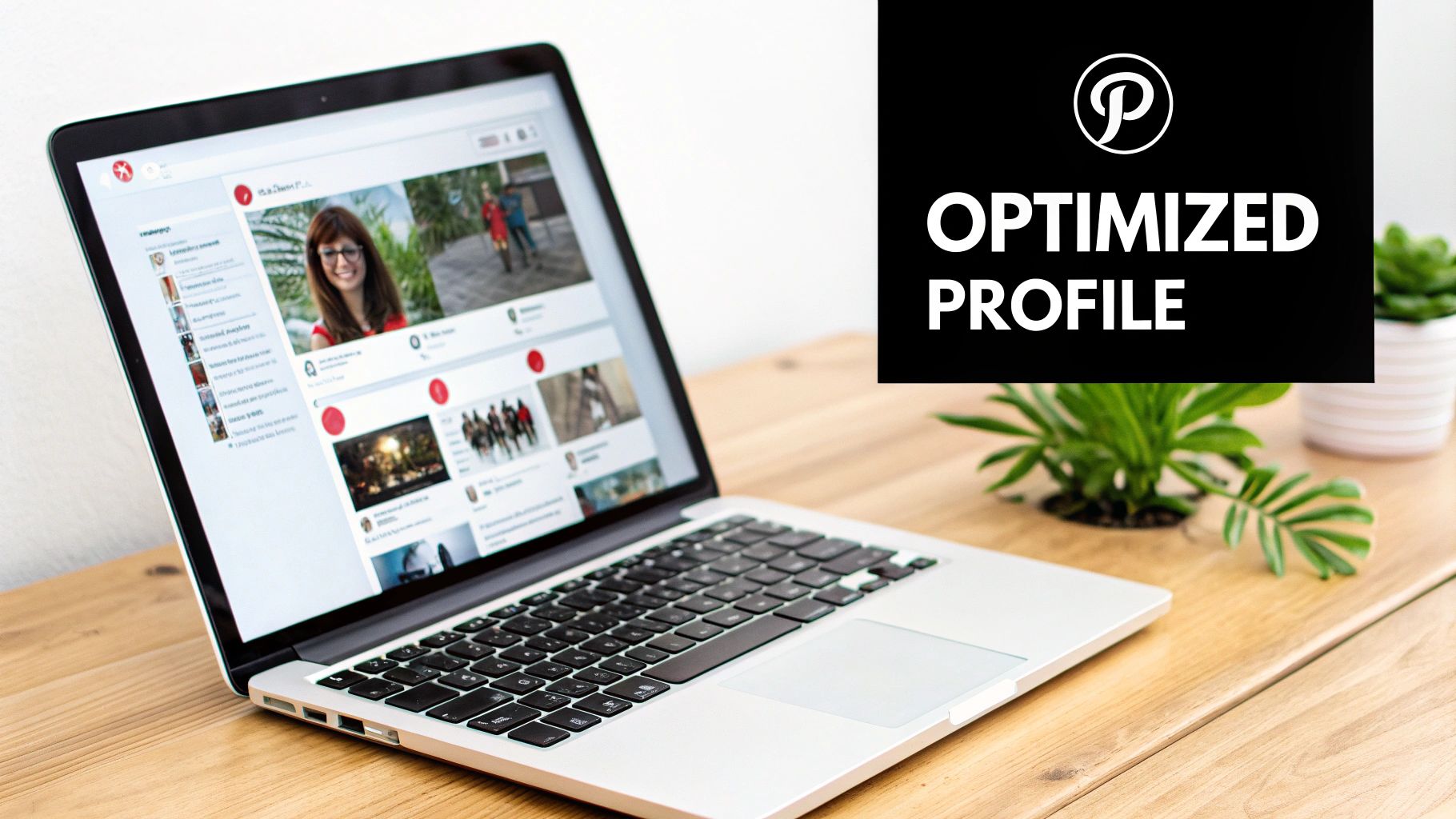 Open laptop displaying a Pinterest user profile with photos and followers, placed on a wooden desk with a plant, overlaid text reading "Optimized Profile" with Pinterest logo.