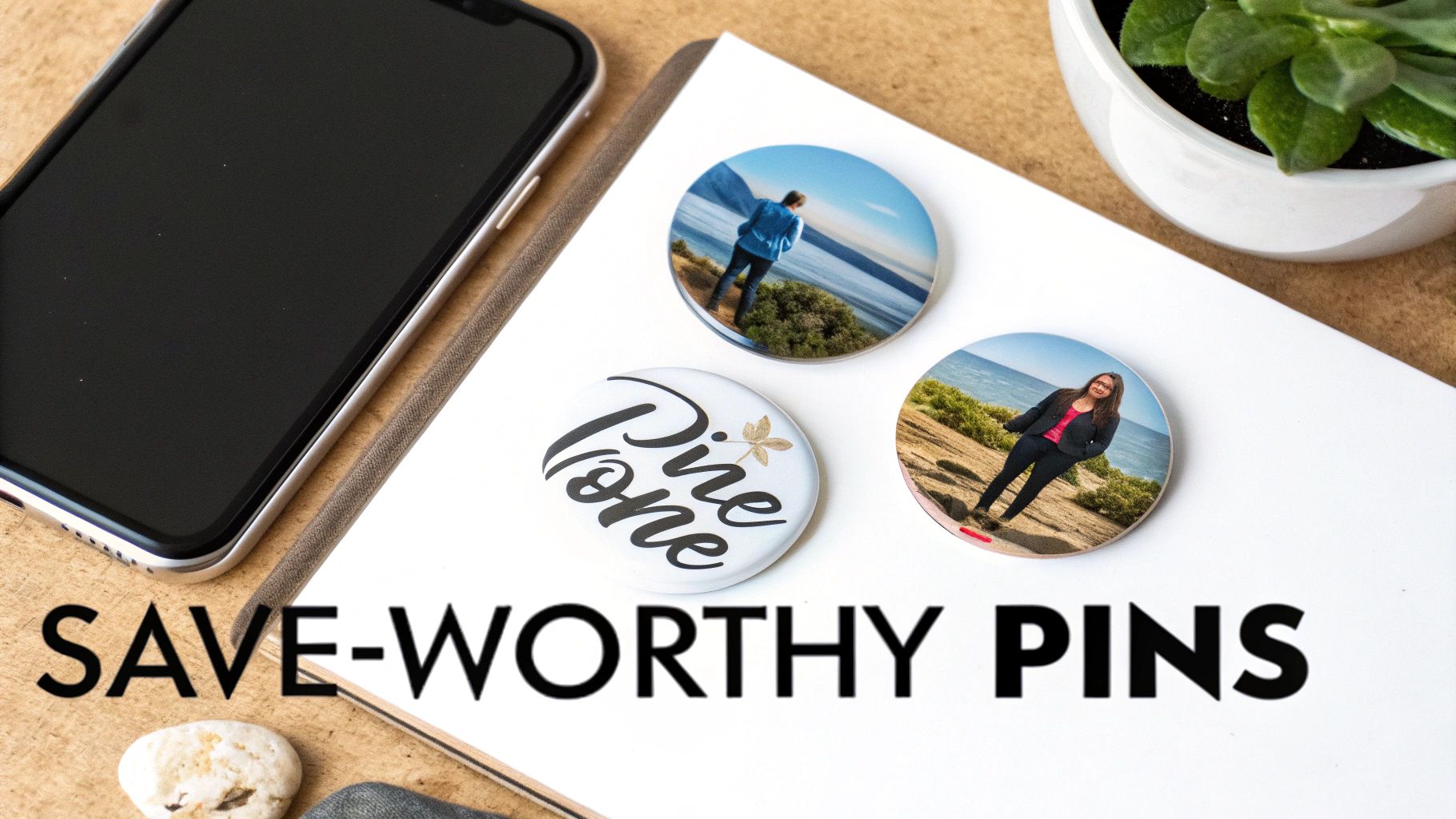 Flat lay with phone, custom photo pins, and notebook promoting save-worthy Pinterest content.