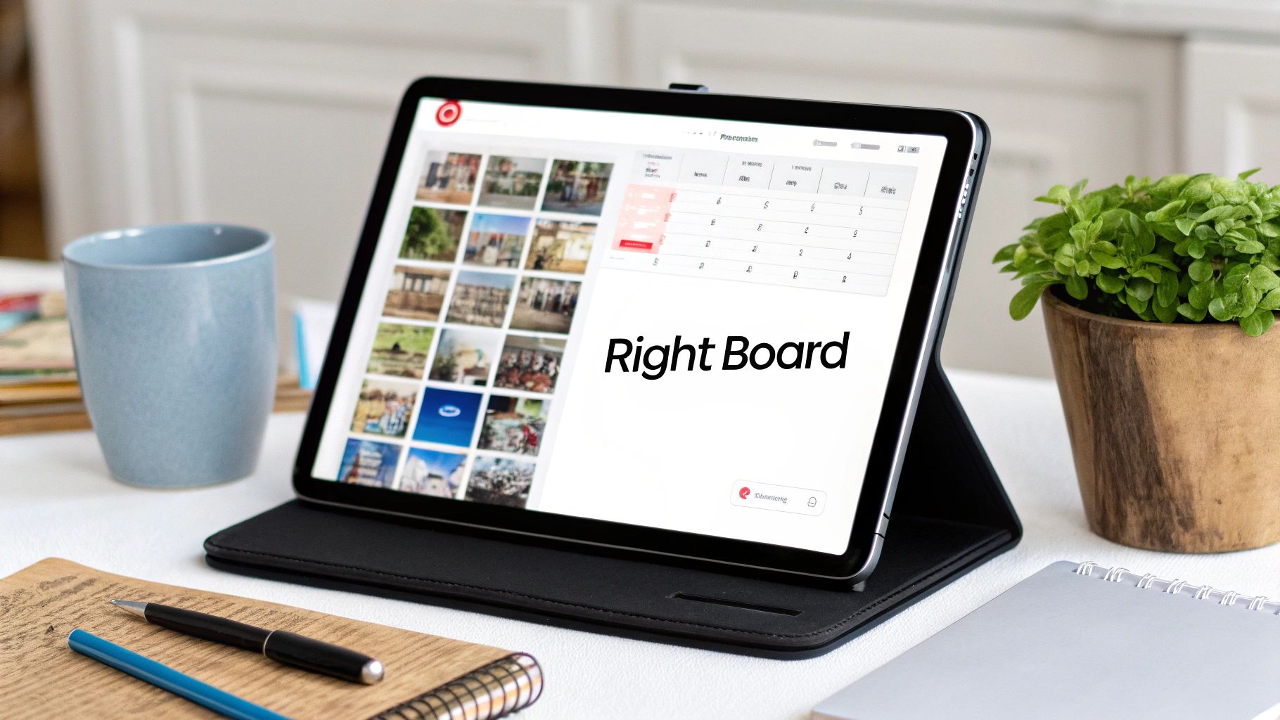 Tablet displaying Pinterest board selection interface on a workspace desk.