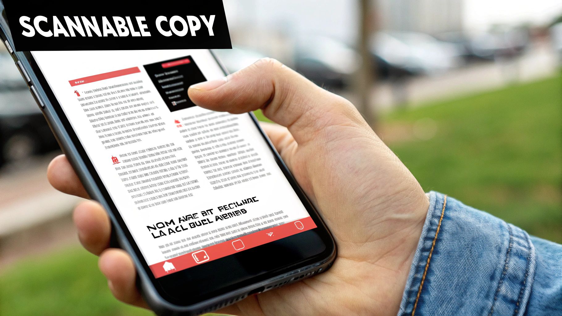 Hand holding smartphone with article layout and the text “Scannable Copy” at the top.