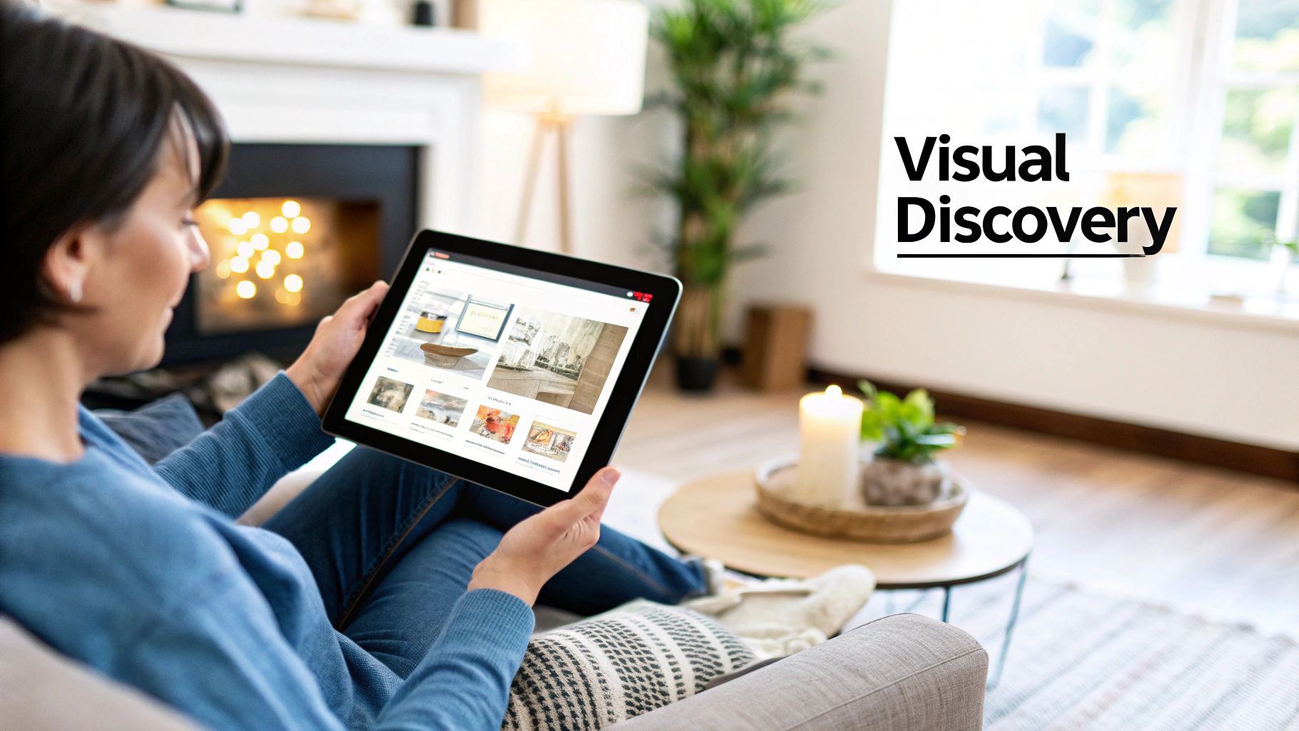 Woman browsing Pinterest home decor ideas on tablet during cozy indoor visual discovery session.