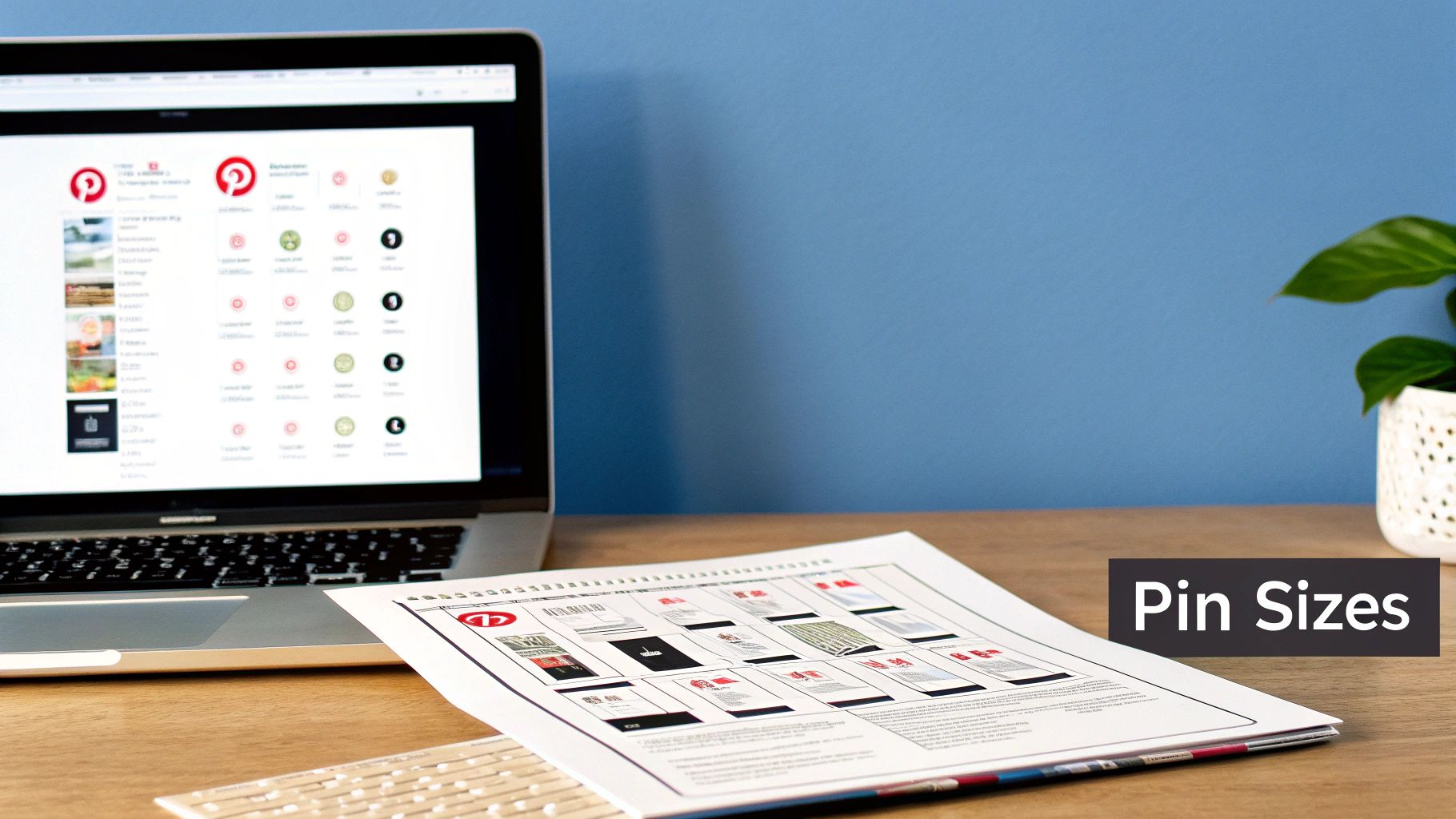 Laptop and printed guide showing Pinterest pin sizes.