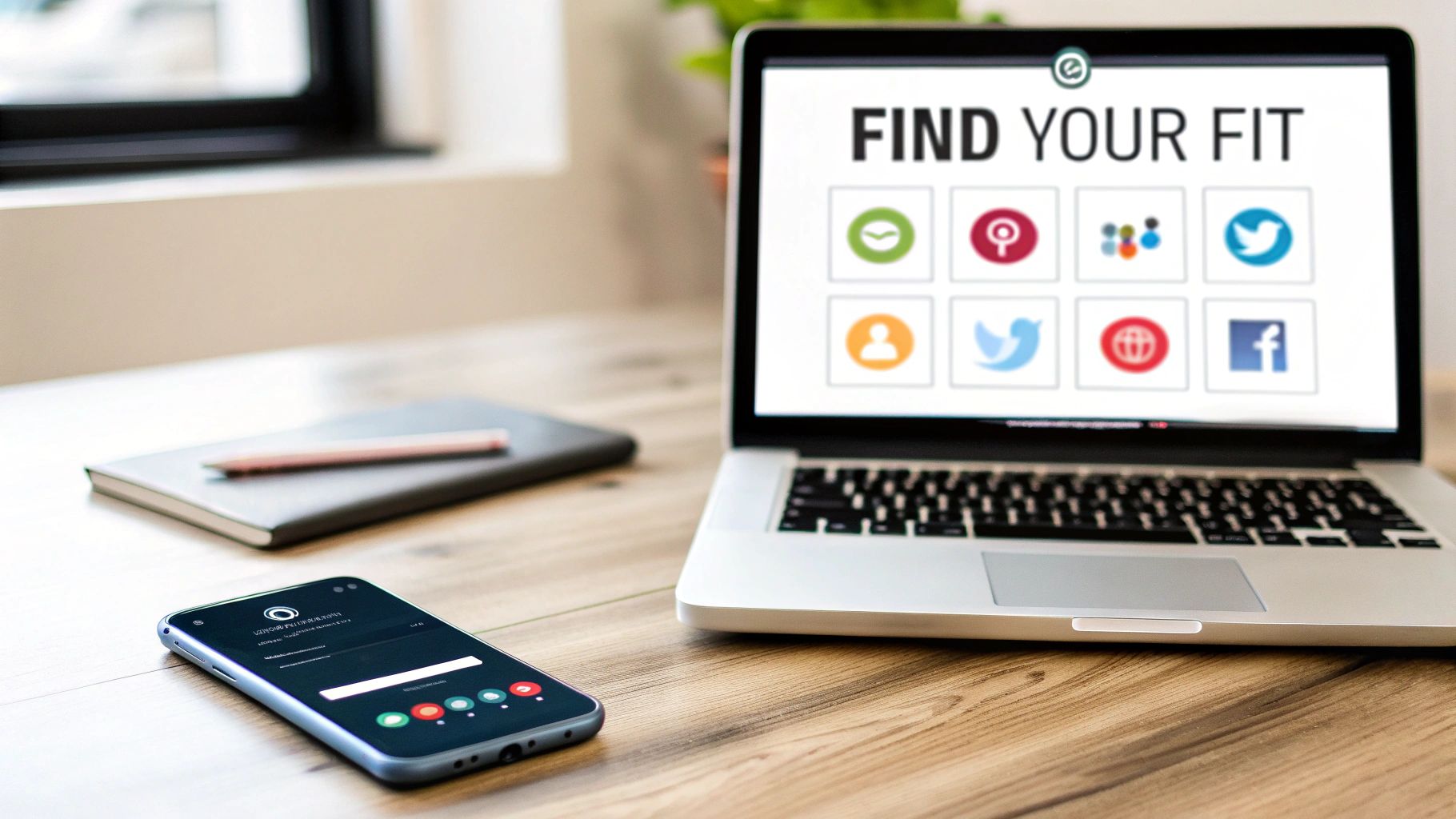Laptop and smartphone displaying social media platform icons on a desk