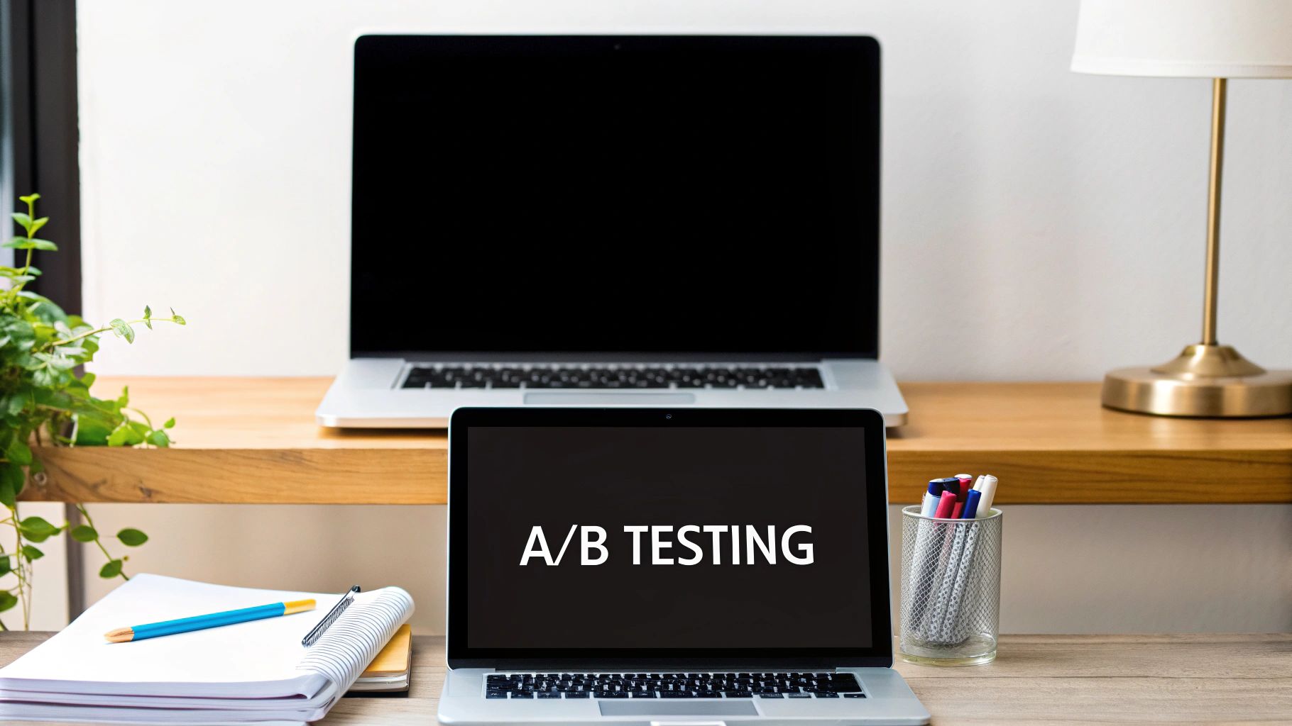 Laptop on desk displaying 'A/B Testing' with notebooks, pens, and a second laptop in the background.