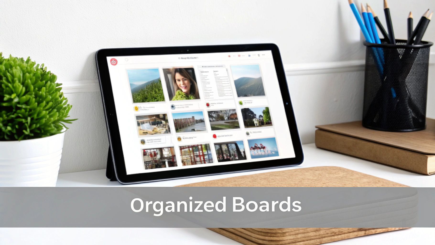Tablet screen showing organized Pinterest boards on a desk.