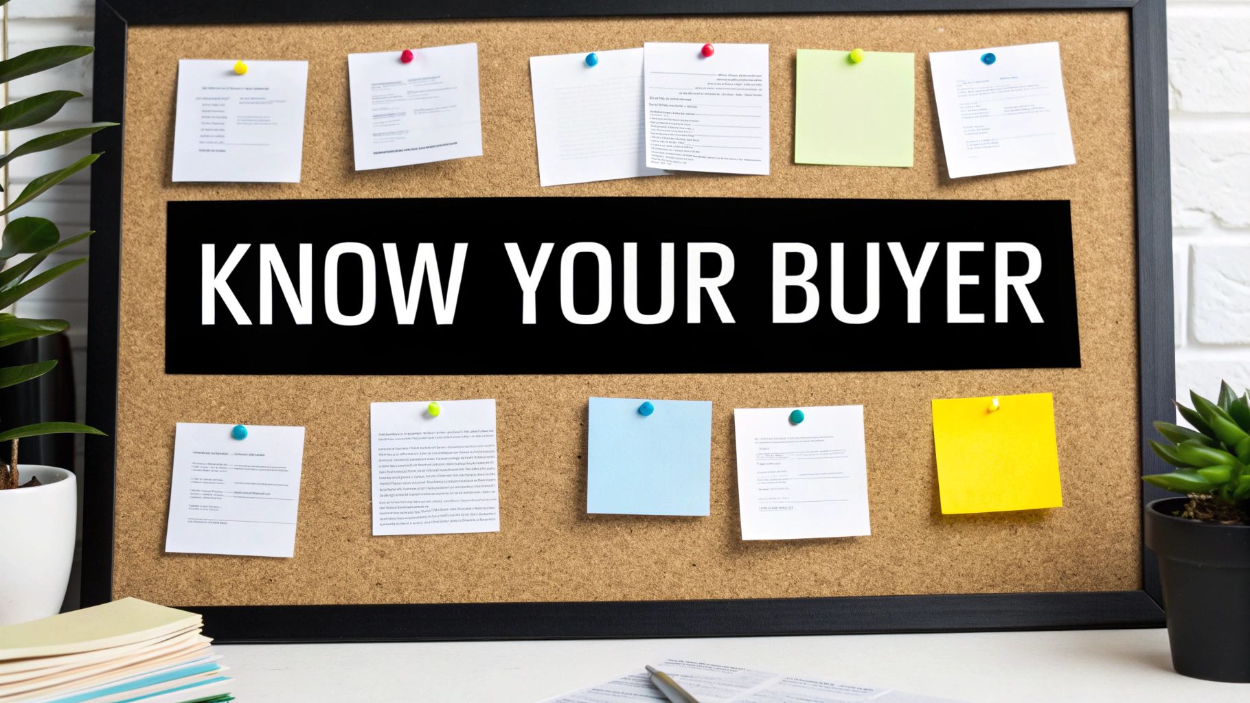 Cork board with pinned papers and bold text saying “Know Your Buyer.”
