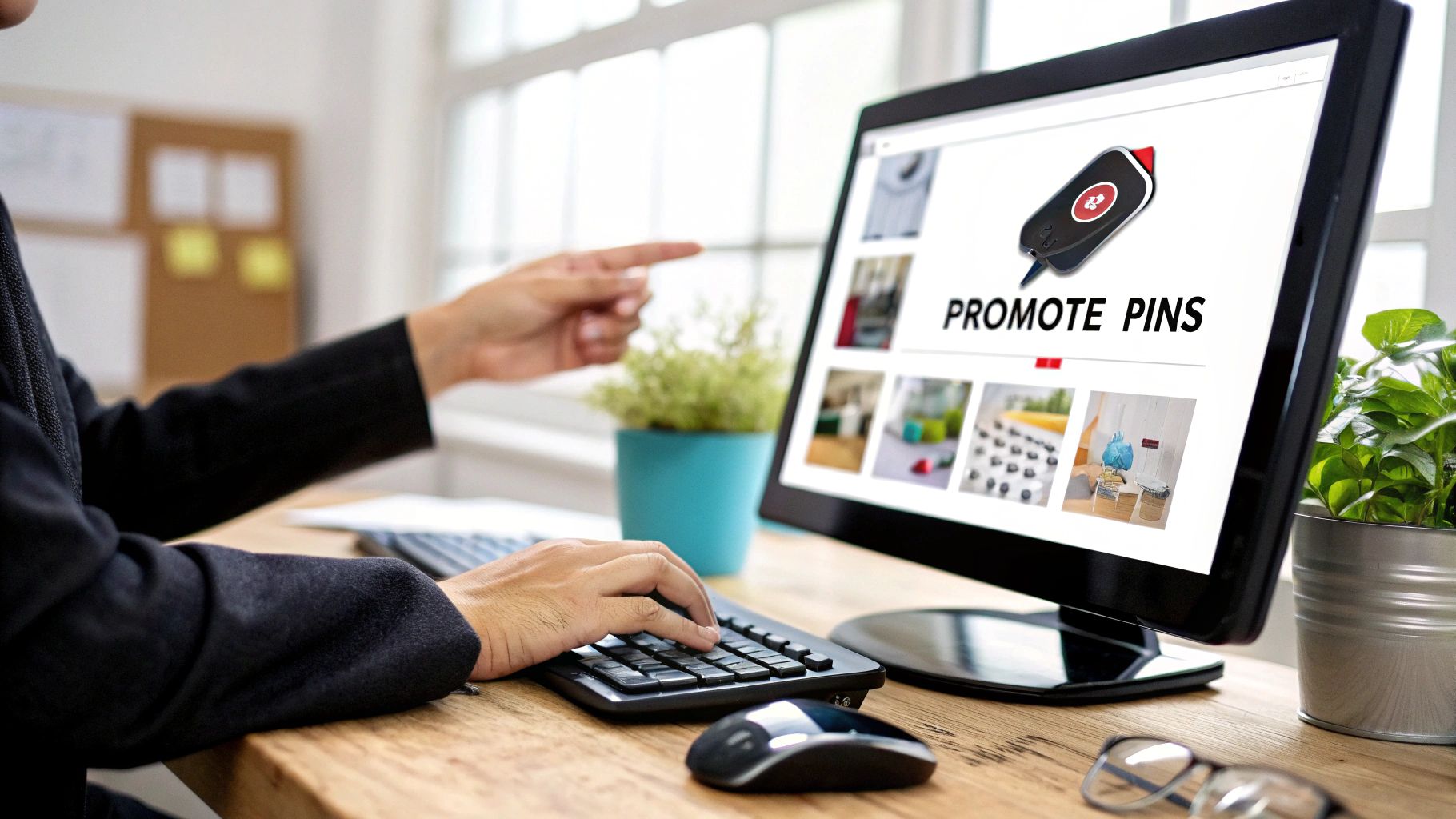 Person interacting with desktop screen displaying 'Promote Pins', representing Pinterest ad tools for boosting content visibility and engagement.