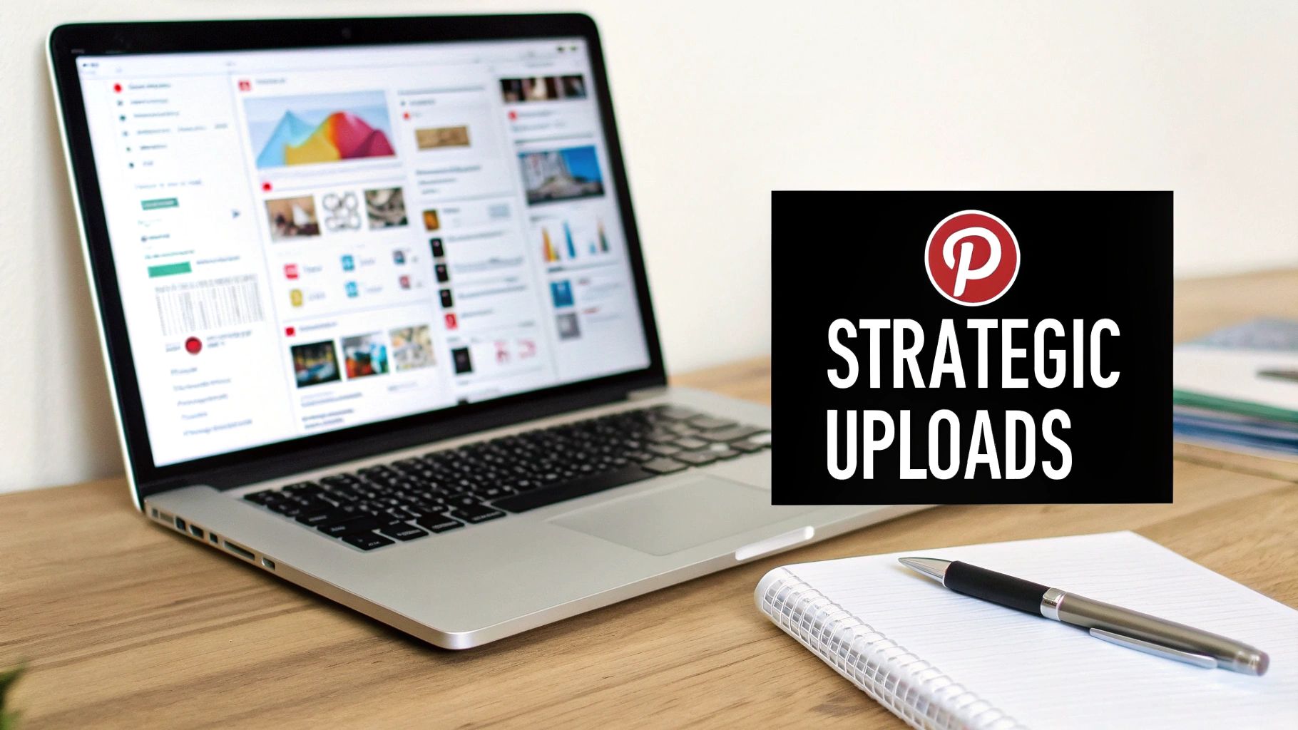 Open laptop on a desk showing Pinterest analytics dashboard, with a notepad and pen beside it and a bold graphic overlay reading "Strategic Uploads."