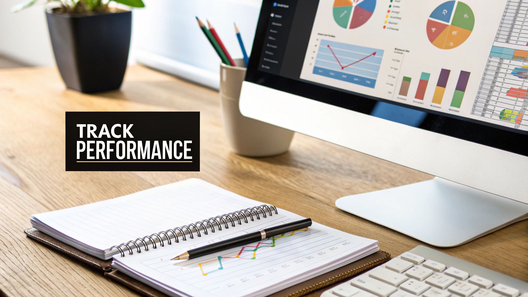 Track performance analytics on desktop with charts and notebook